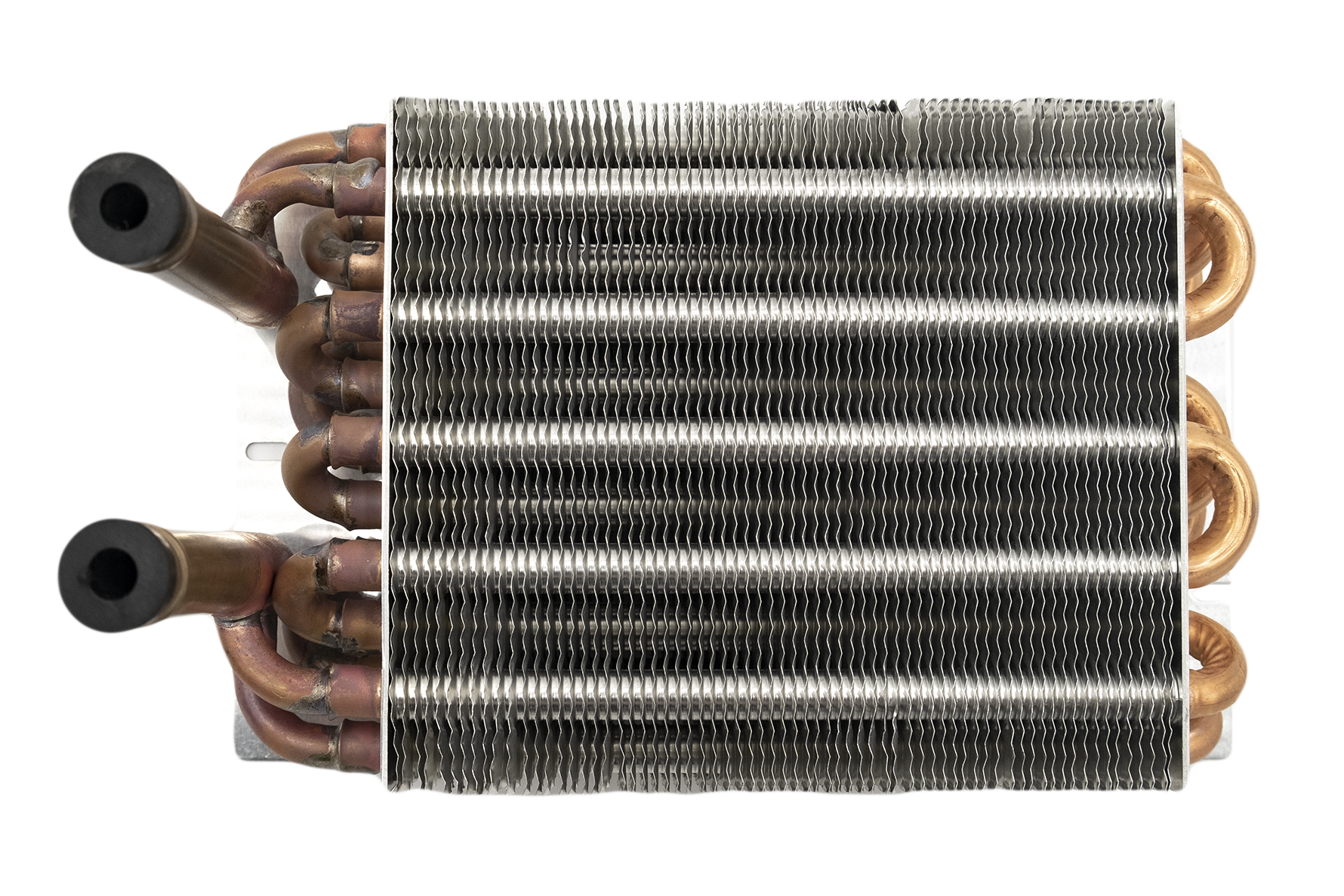 Alt text: "Close-up view of a 2-outlet heater core compatible with Maradyne models, featuring a densely ribbed aluminum core and copper tubing with black and copper fittings."