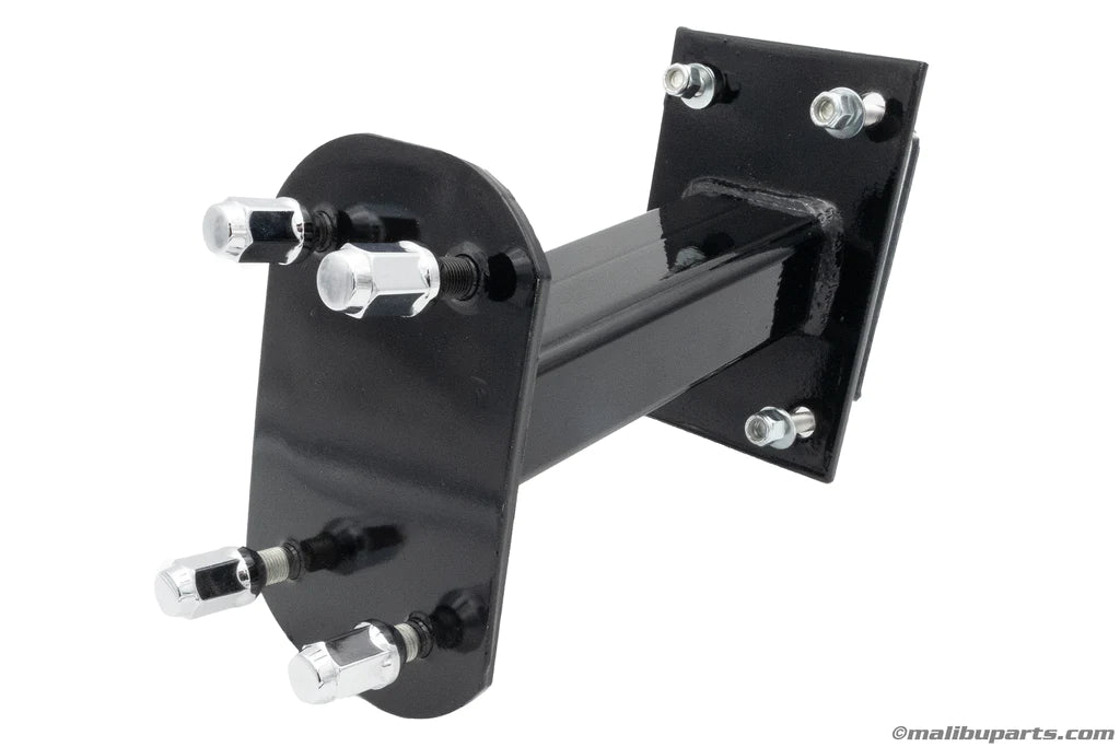 Malibu Bolt-On Spare Tire Carrier Kit with black metal mount and adjustable bolts for easy vehicle installation.