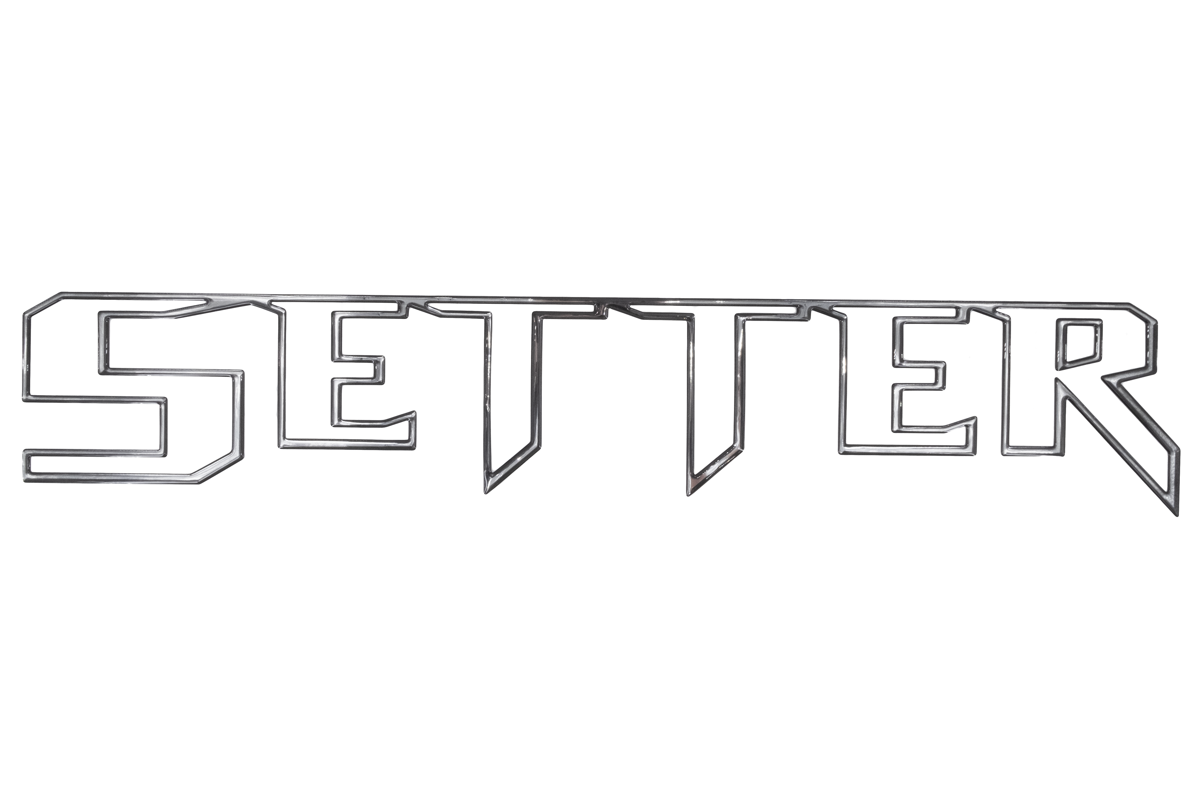 Alt text: "Metallic drip mold overlay with the word 'SETTER' in bold, stylized letters, designed for custom decorations or branding purposes."