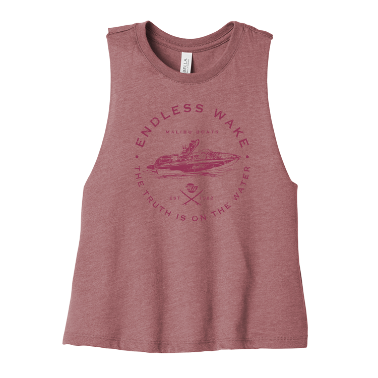 Women's sleeveless cropped tank top in dusty pink with a graphic of a wakeboard boat and the text "Endless Wake" and "The truth is on the water.