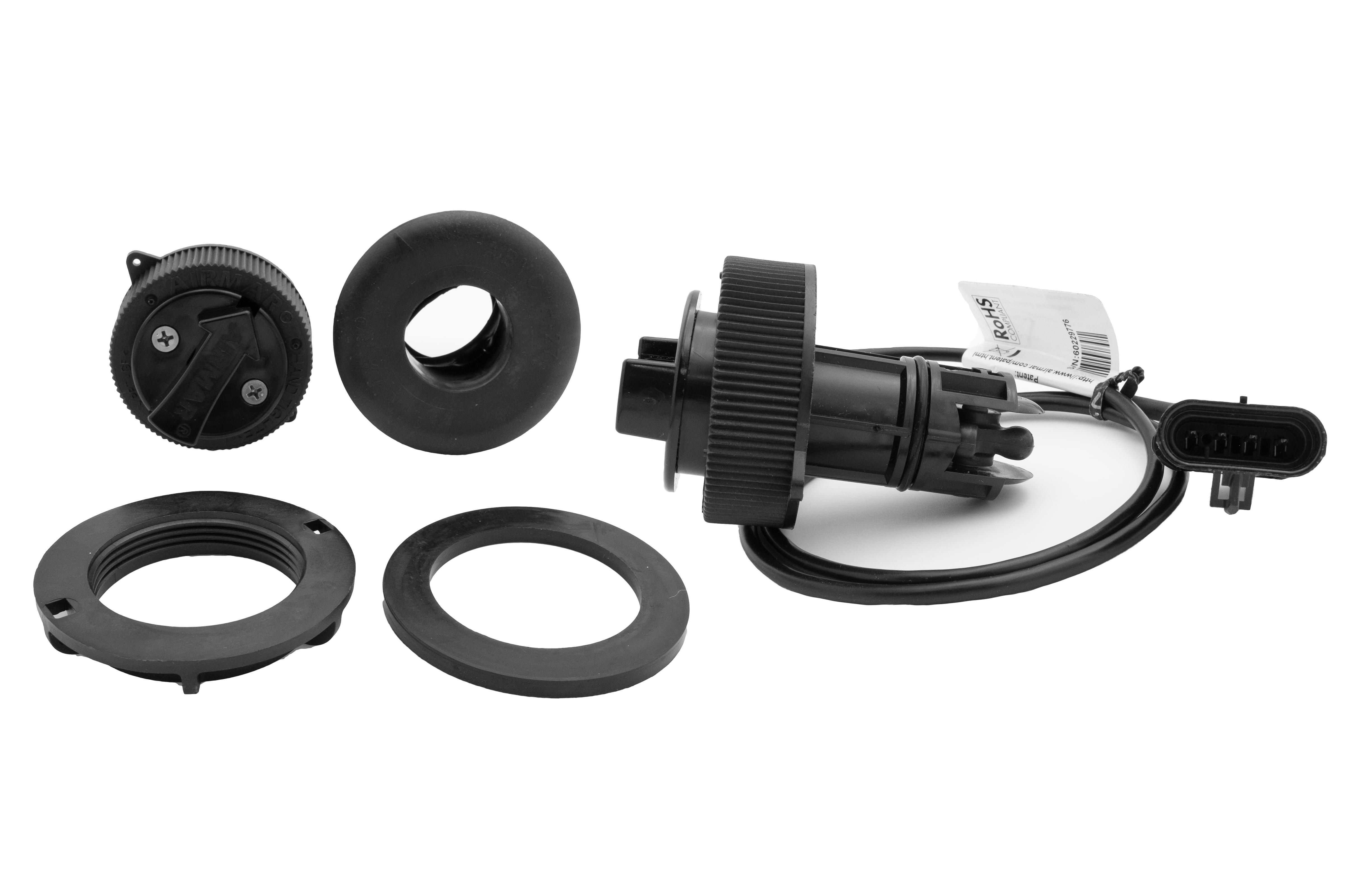 Airmar paddle wheel speed and temperature sensor with 3-foot cable, mounting hardware, and rubber gaskets.