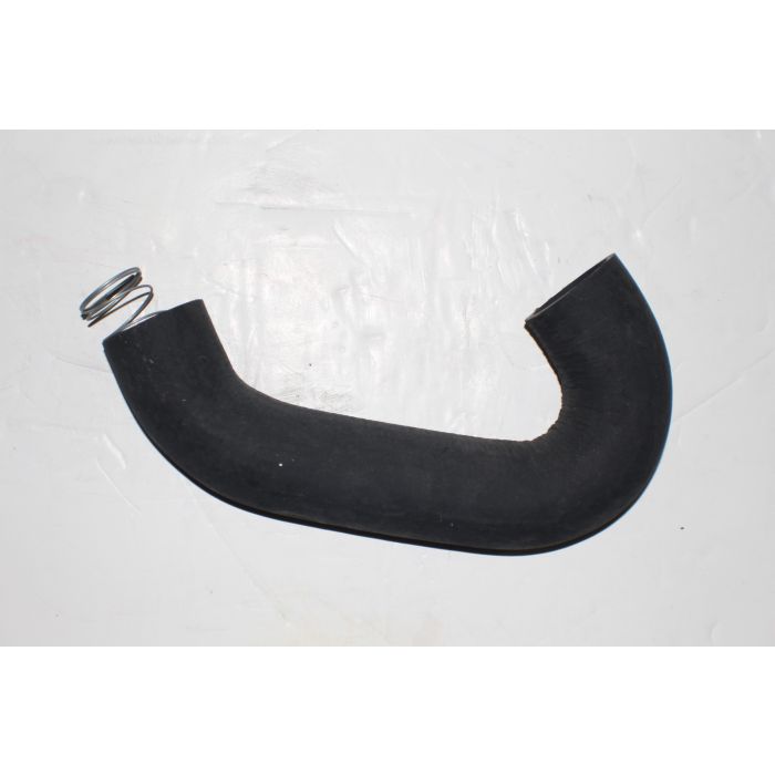Black formed hose with spring, curved shape, used for industrial or mechanical applications.