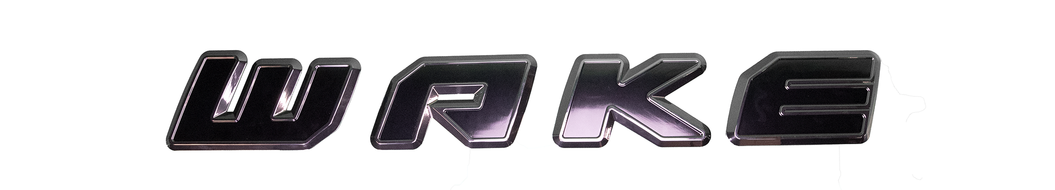 Malibu Boats "Wake" decal in black with a reflective chrome outline, designed for boat decoration and branding.