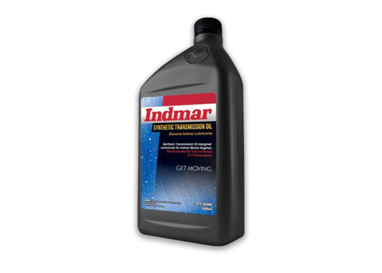 Black quart-sized bottle of Indmar Synthetic Transmission Oil with a label featuring red, white, blue, and yellow text.