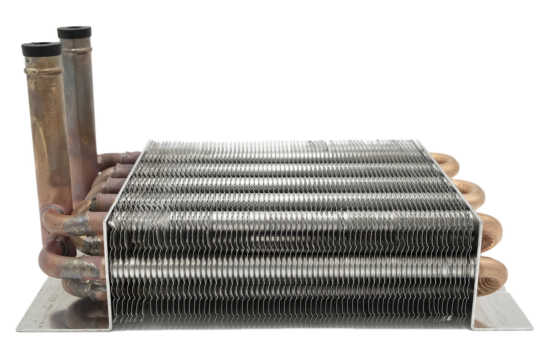 Alt text: "Maradyne heater core with 2 outlet pipes, featuring a densely packed aluminum fin design for efficient heat transfer, set on a silver mounting bracket."