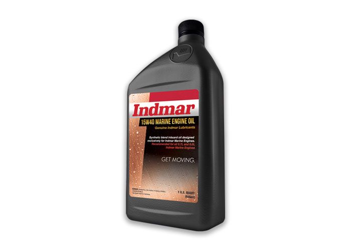 Alt text: "Bottle of Indmar 15W-40 Marine Engine Oil, conventional type in a 1-quart bottle with black and red label design, promoting enhanced motor performance."