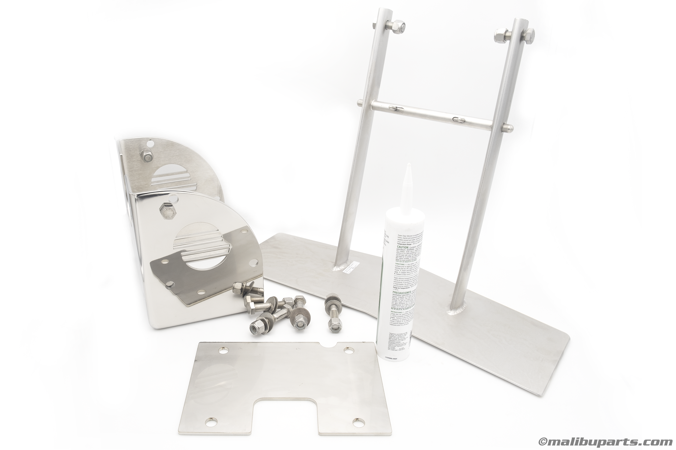 Auto Set Wedge Complete Kit with metal brackets, bolts, adhesive, and support frame for vehicle alignment.