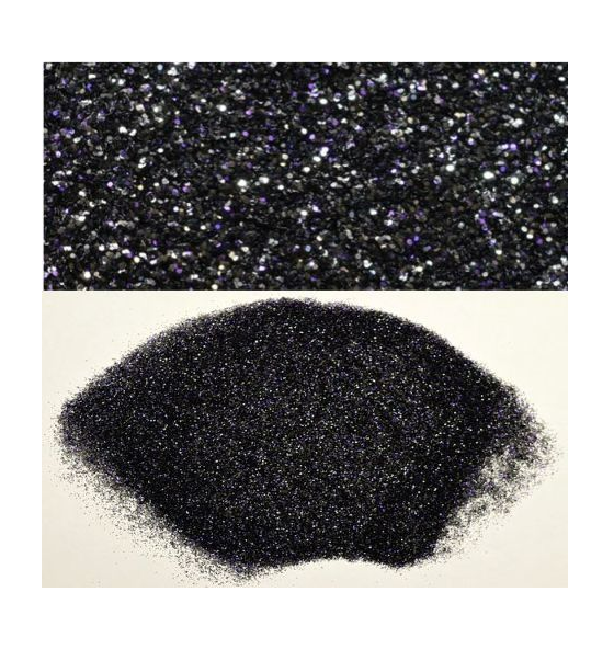 Black metal flake glitter, .008 size, shown in close-up and scattered on a white surface for automotive or craft use.