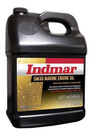 Black gallon container of Indmar 5W-30 synthetic blend marine engine oil with handle and label.