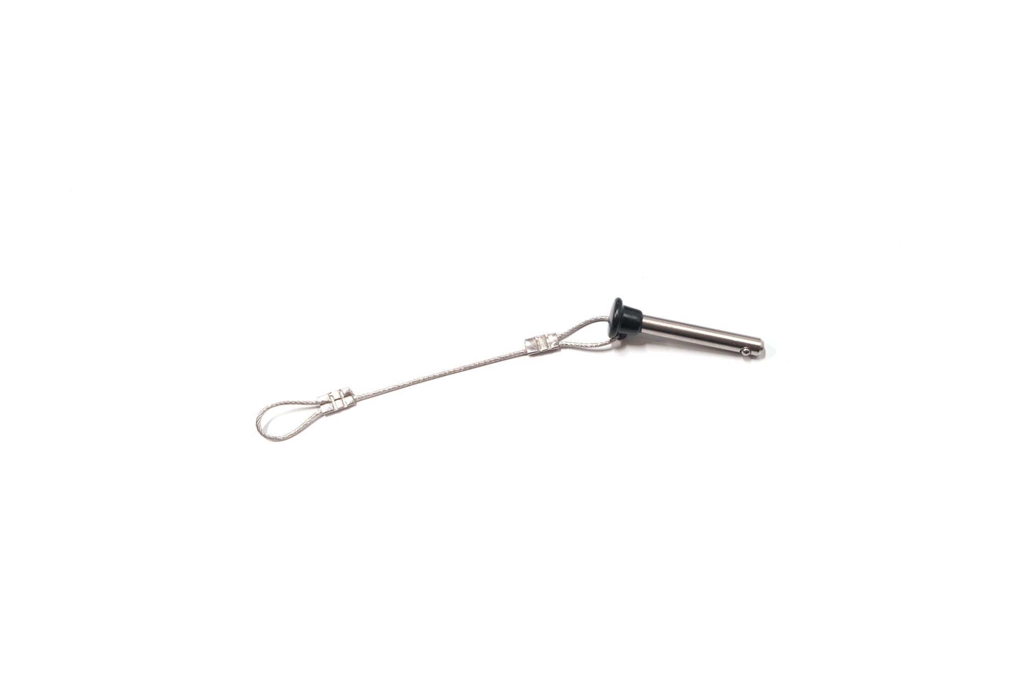 Pull pin-bimini support pole with a metal pin, black rubber gasket, and attached lanyard for boat bimini support.