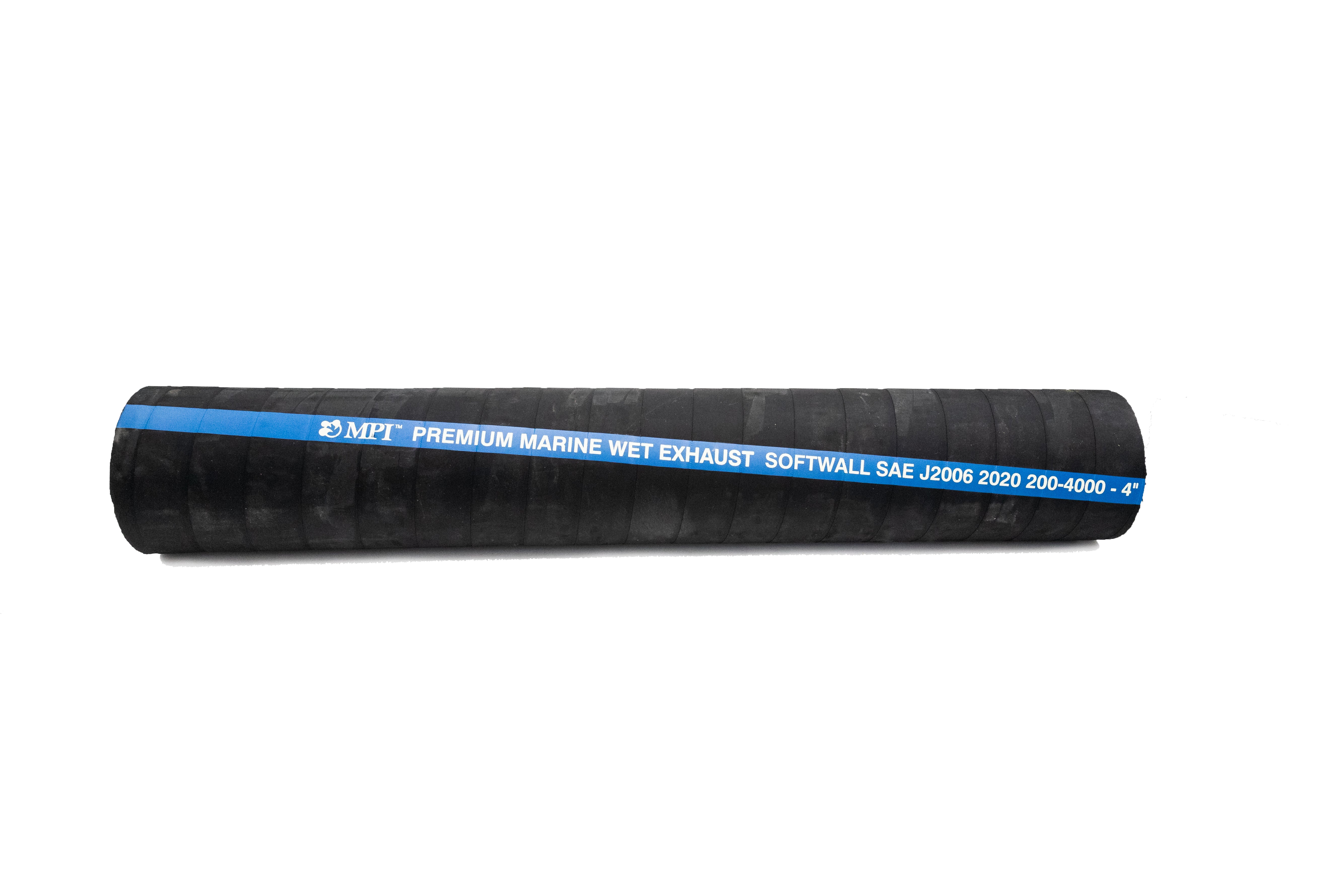 Black 4-inch marine exhaust hose, 28 inches long, with blue label indicating specifications and brand.