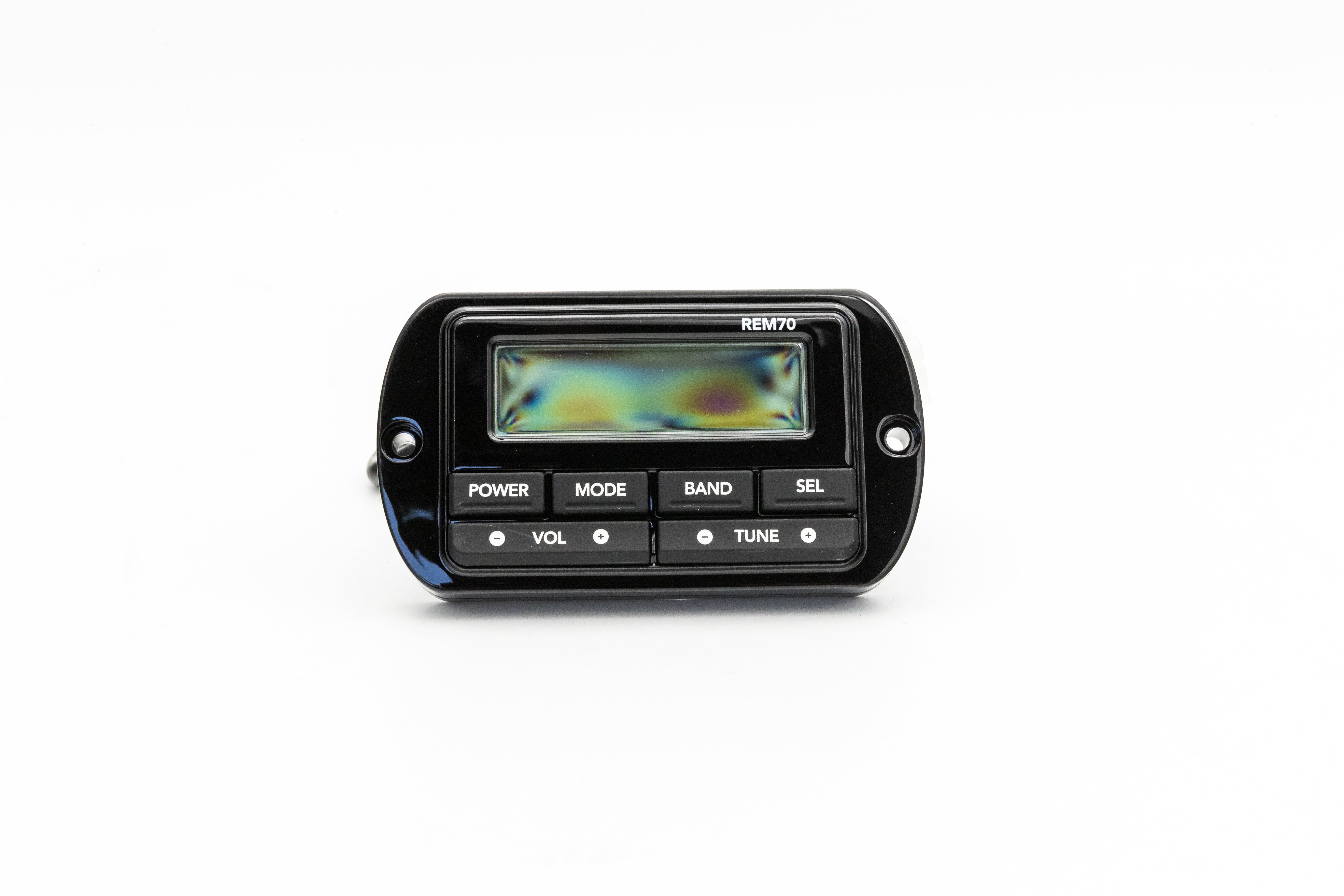 Black stereo transom remote control with digital display and buttons for power, mode, band, volume, and tuning.