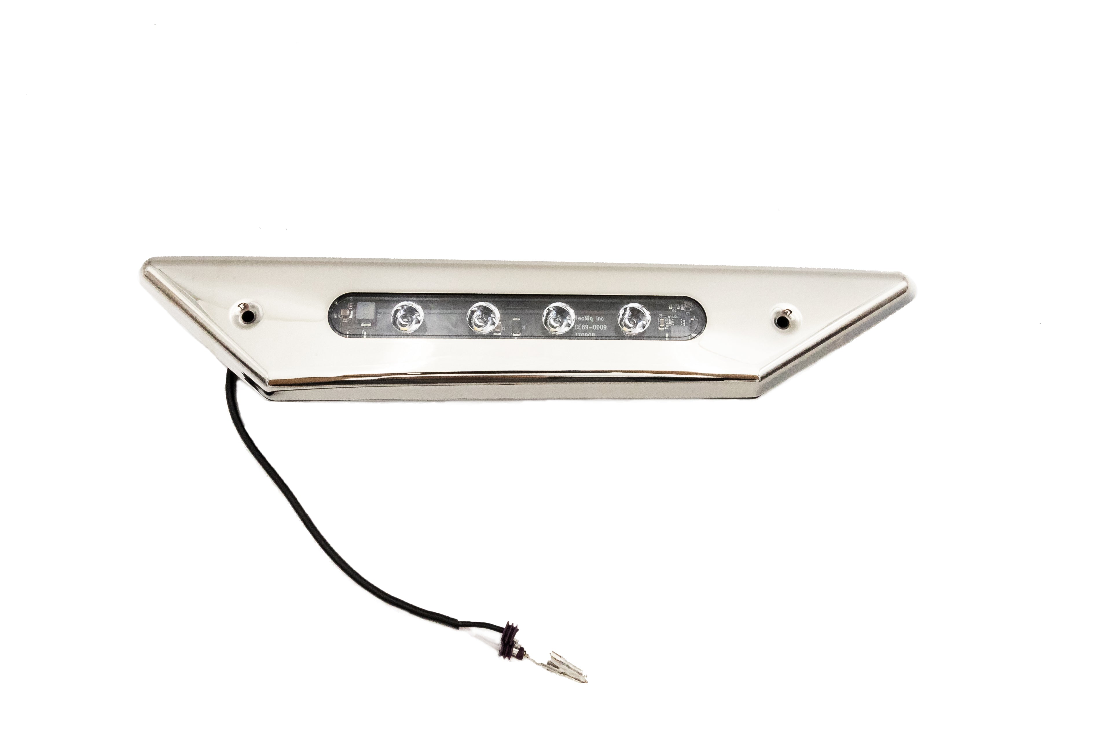 A white starboard docking light with four LEDs, mounted on a metal base, with a black wiring cable and connector.