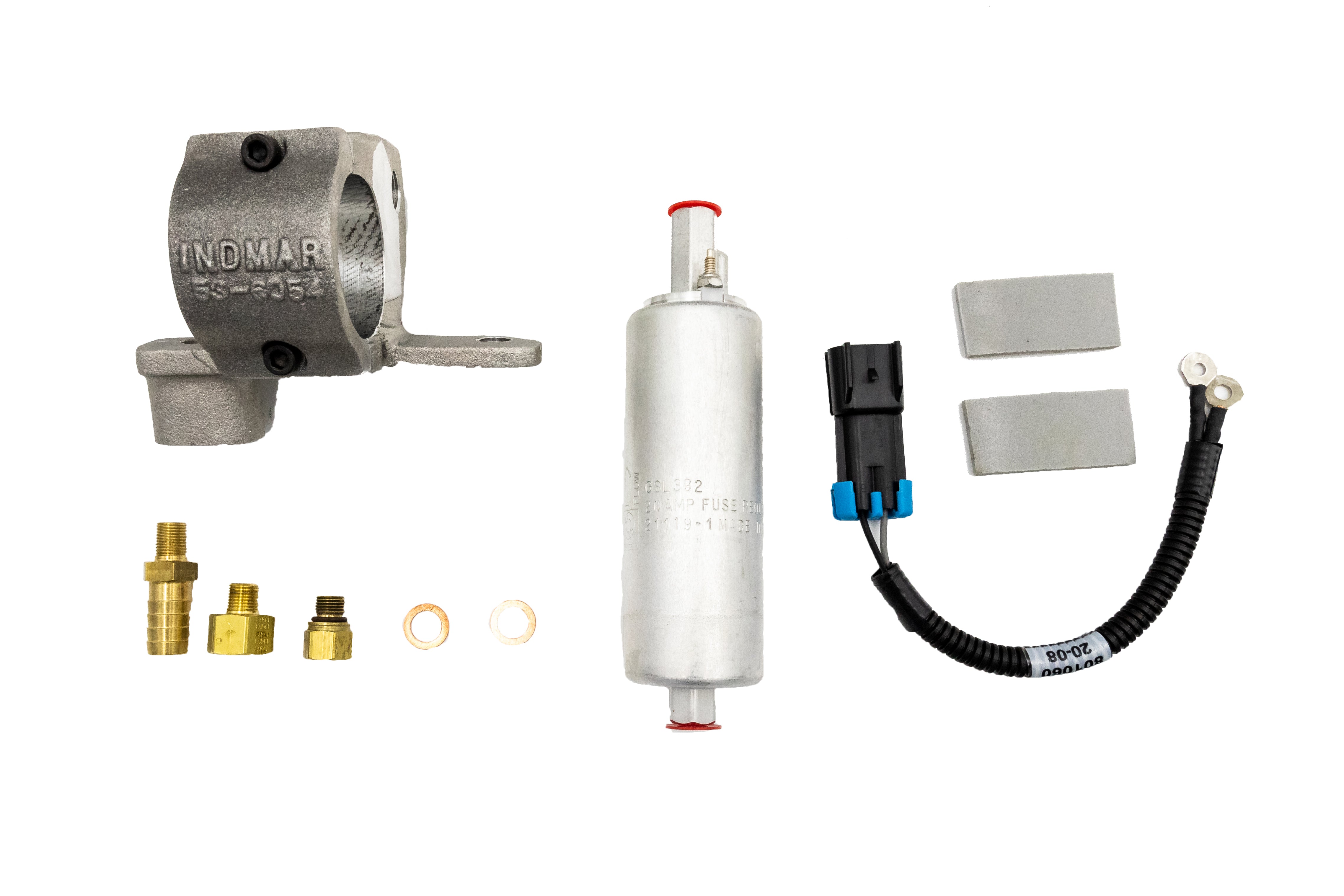 Fuel pump kit components for Indmar engines, including pump, wiring, fittings, and mounting hardware.