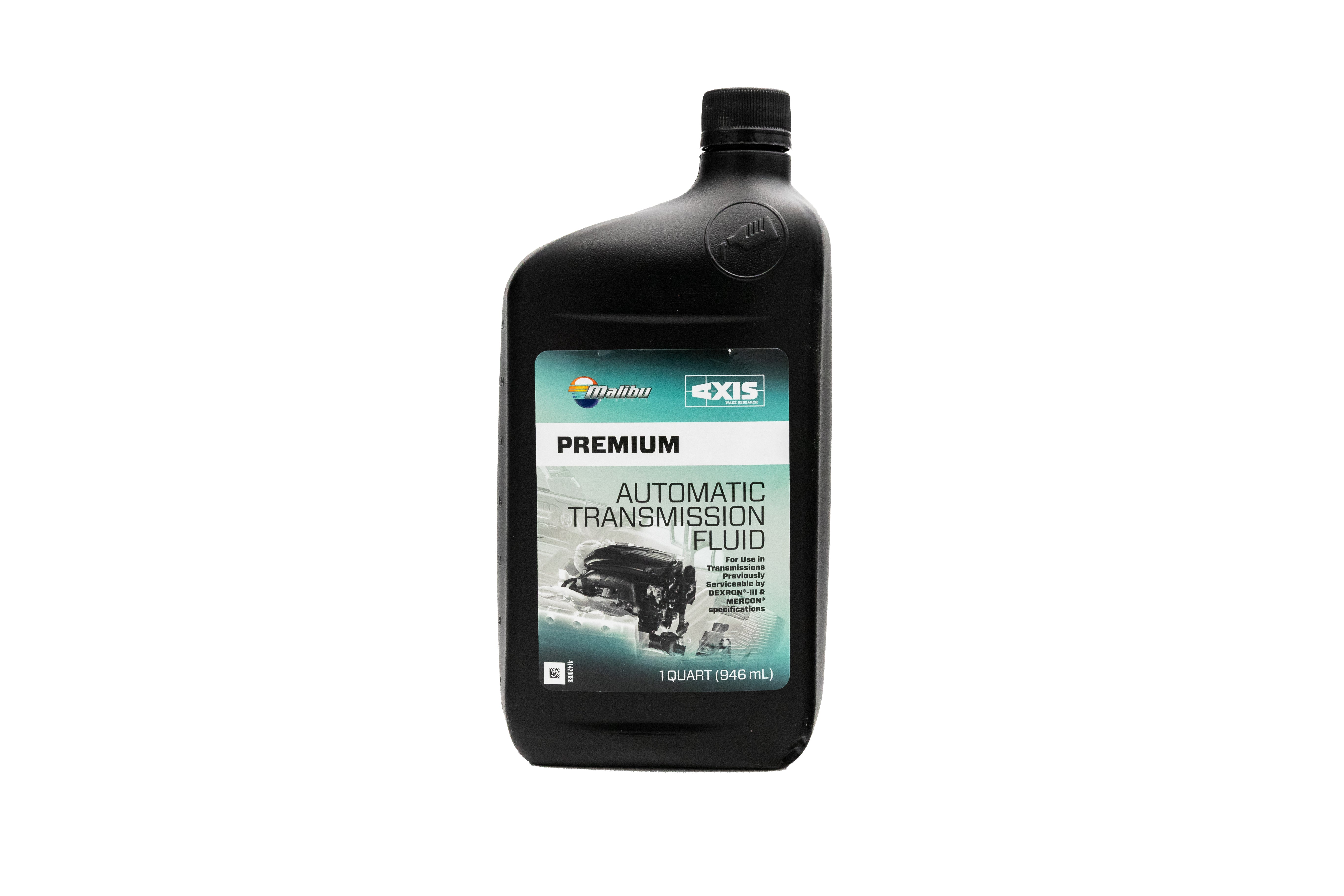 Malibu M-Series & LT4 automatic transmission fluid in a black quart-sized bottle with a label displaying product details and branding.