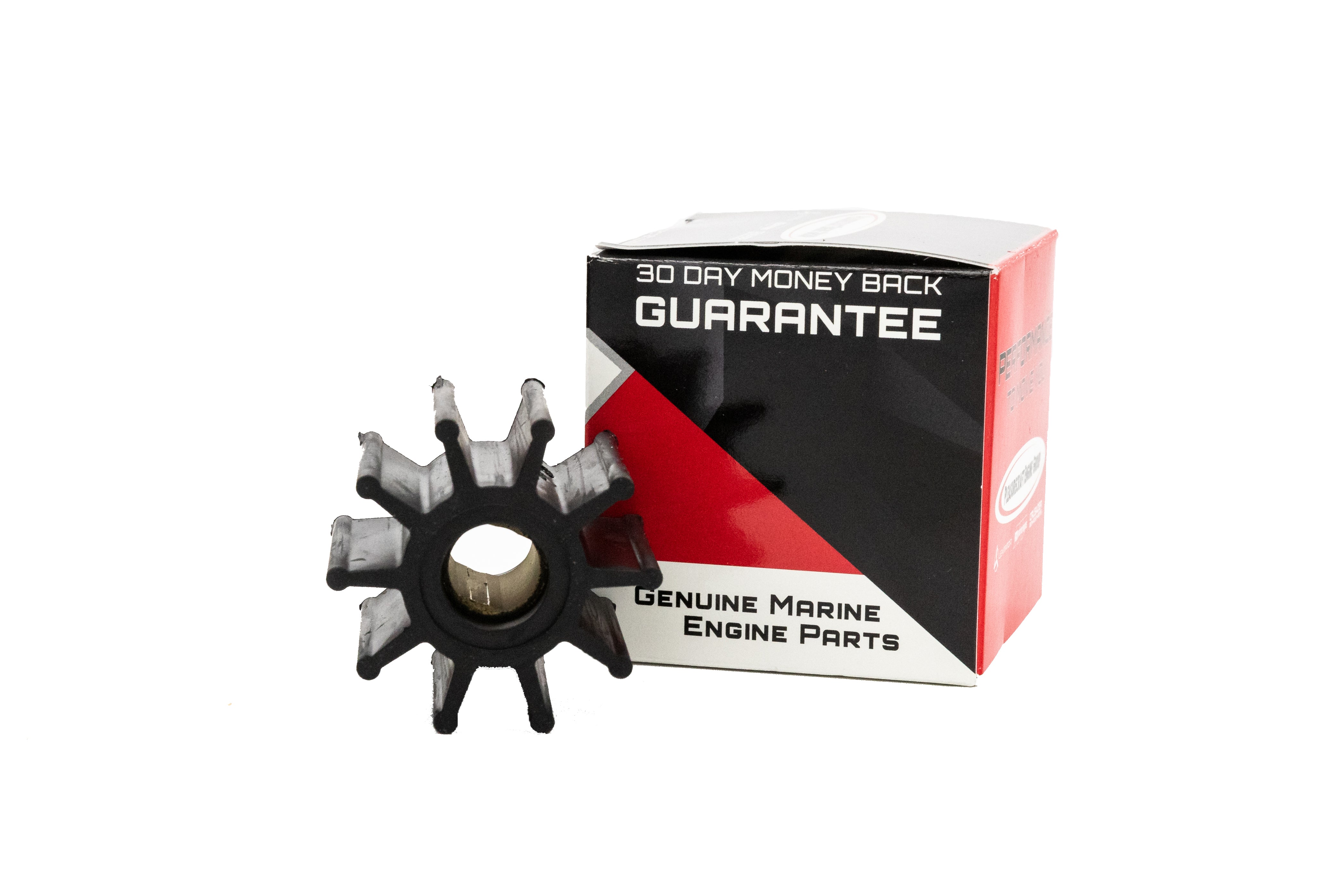 Impeller for PCM 6.0/6.2L marine engines, shown with packaging labeled "Genuine Marine Engine Parts" and a 30-day guarantee.