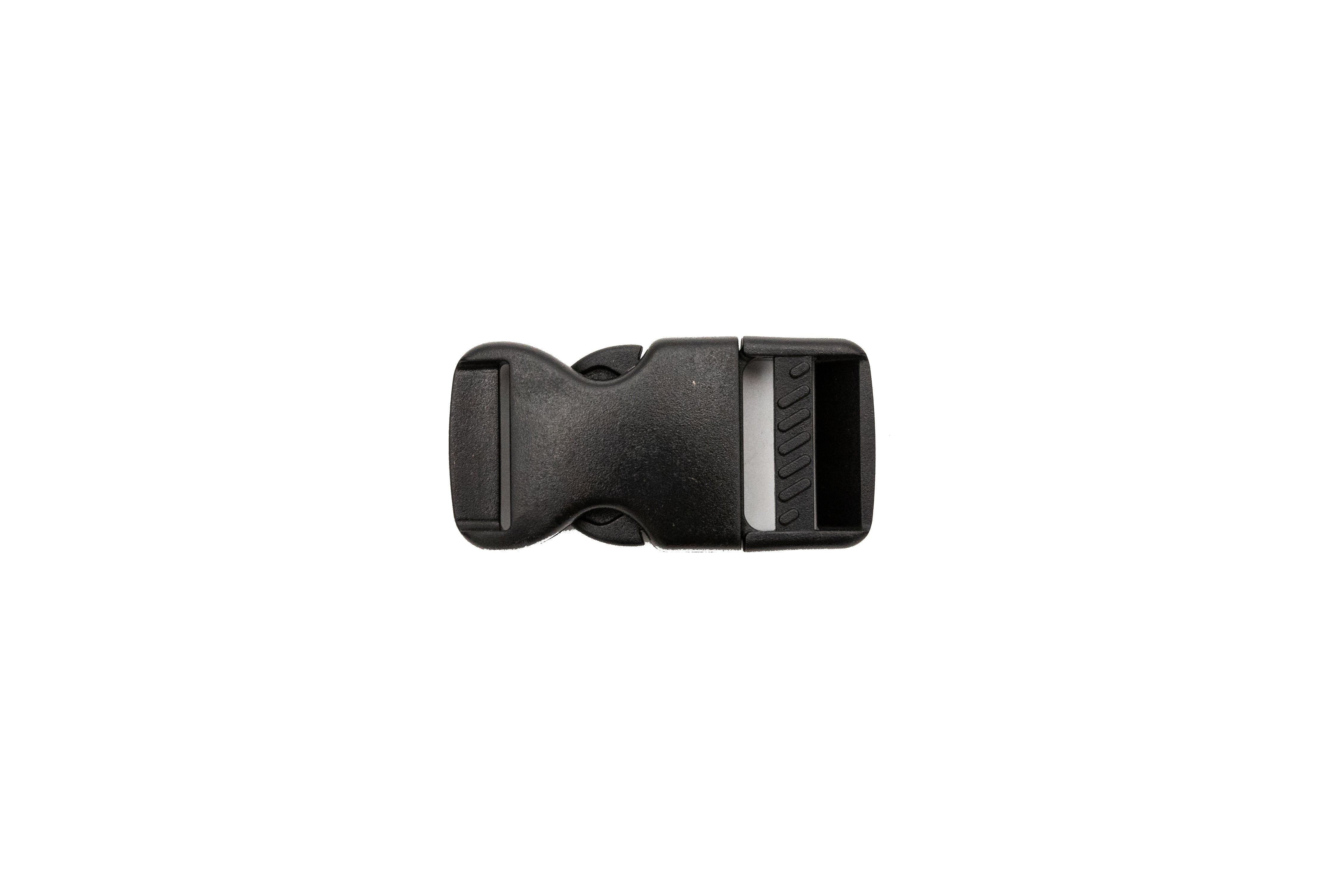 Black 1-inch quick release buckle with a sturdy design, ideal for straps and outdoor gear.