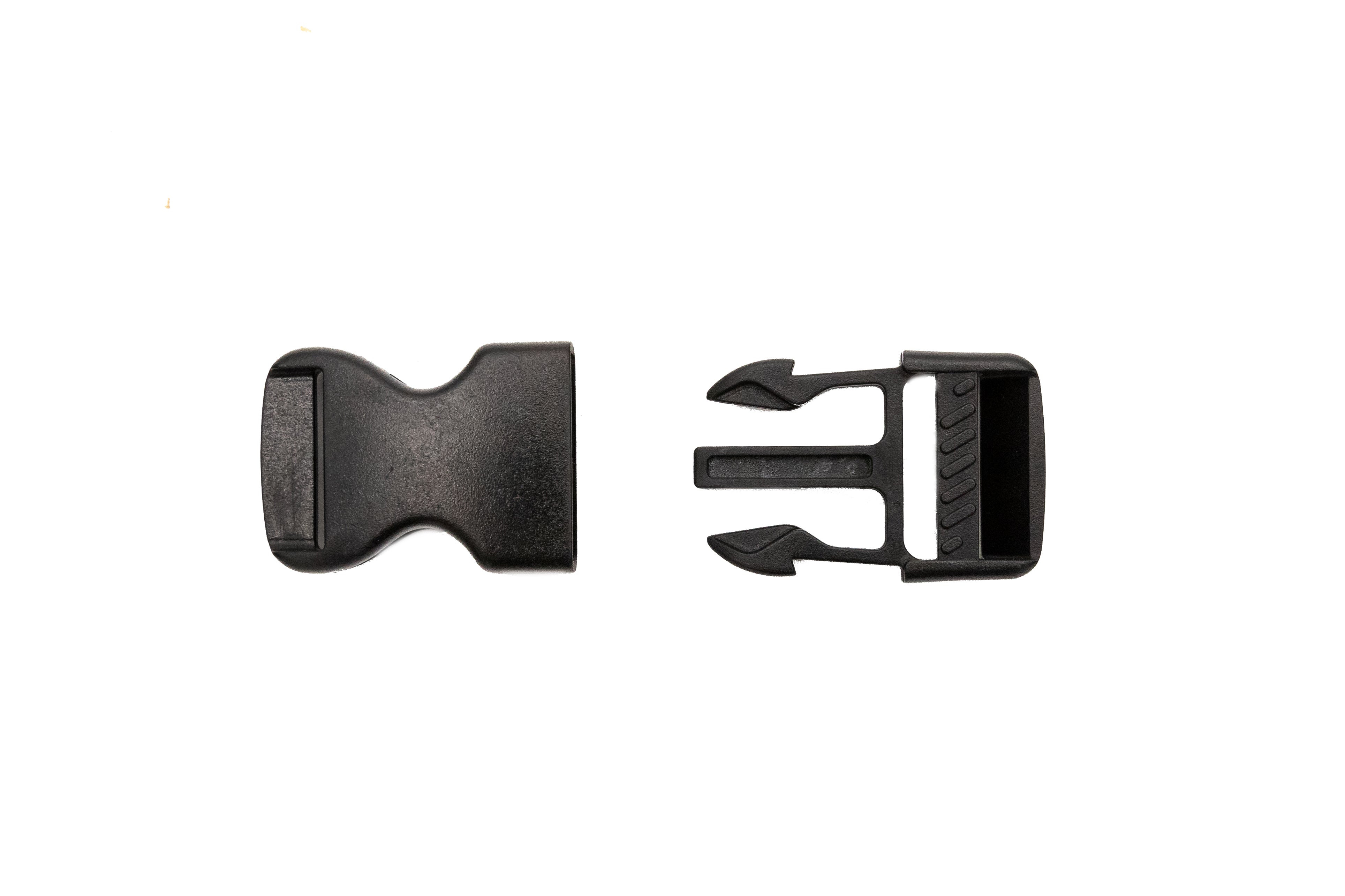 Black 1-inch quick release buckle with separate male and female parts, used for straps and outdoor gear.