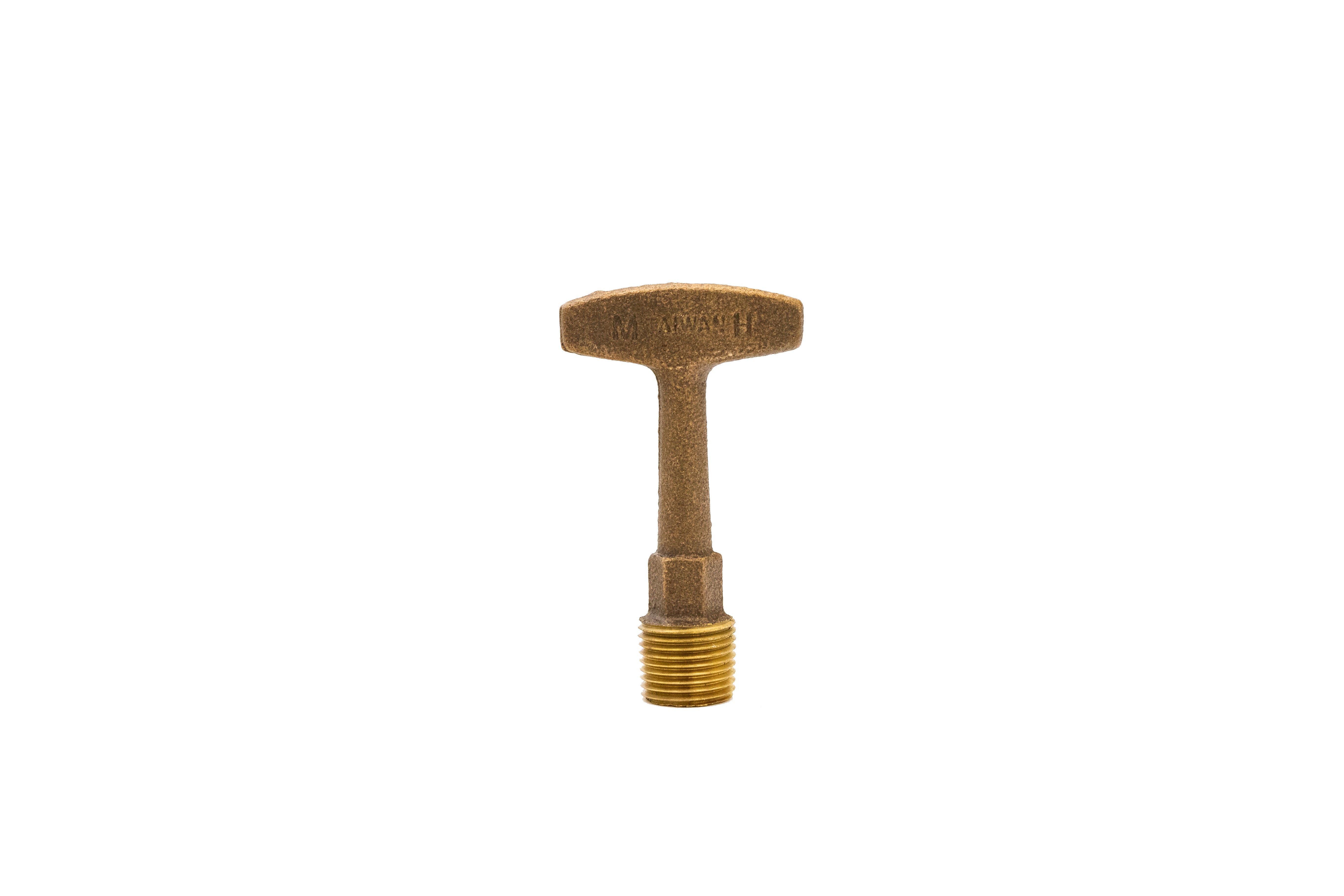 1/2 inch T-handle drain plug made of brass, featuring a vertical handle and threaded bottom for easy installation, isolated on a white background.