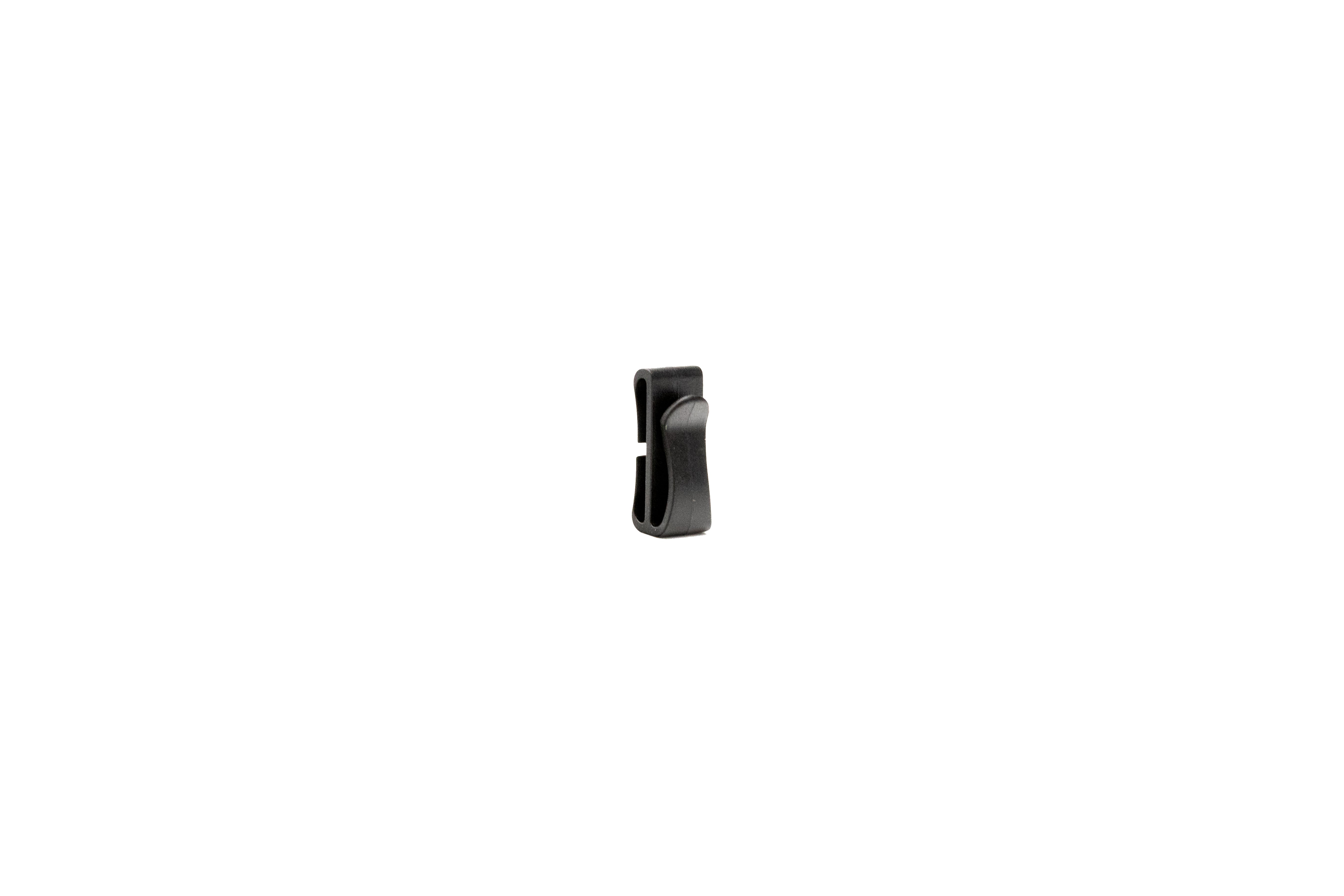 Plastic quick clip keeper buckle, 1-inch size, black color, used for securing straps and adjustable fastening.