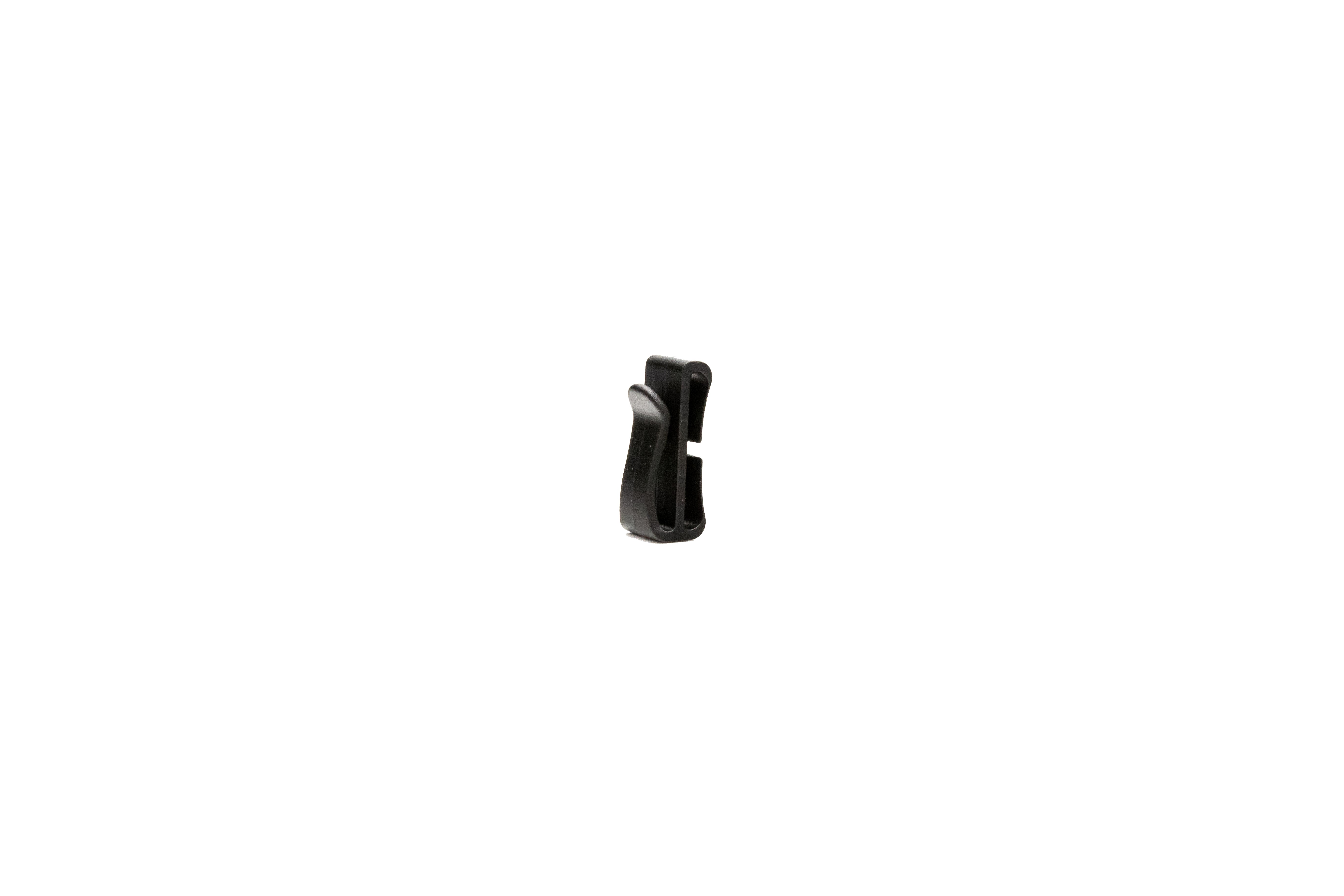 Plastic quick clip keeper buckle, 1-inch size, black, used for securing straps and cords efficiently.