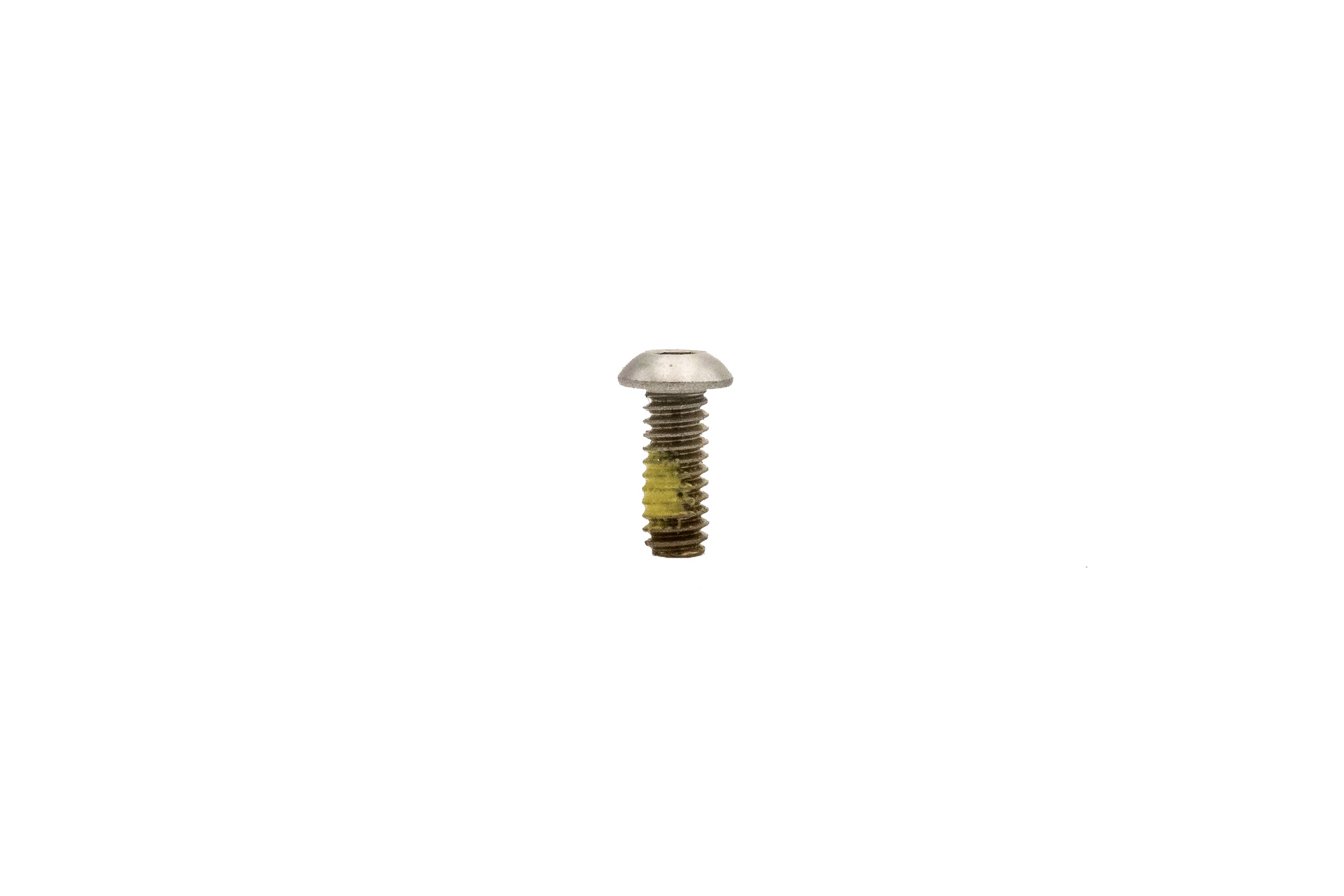 Button head socket cap screw with Loctite, 1/4"-20 x 5/8" size, metal fastener on white background.