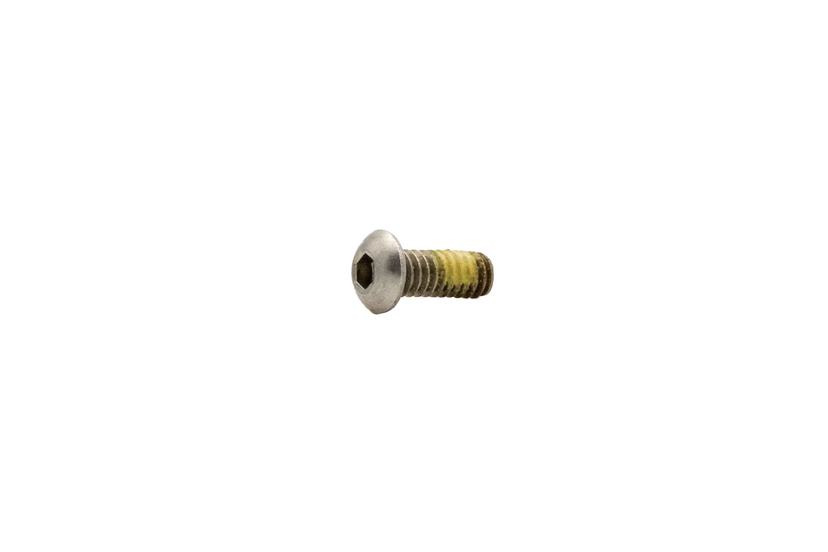 Button head socket cap screw with Loctite, 1/4"-20 x 5/8" size, metal screw with yellow threadlocker.