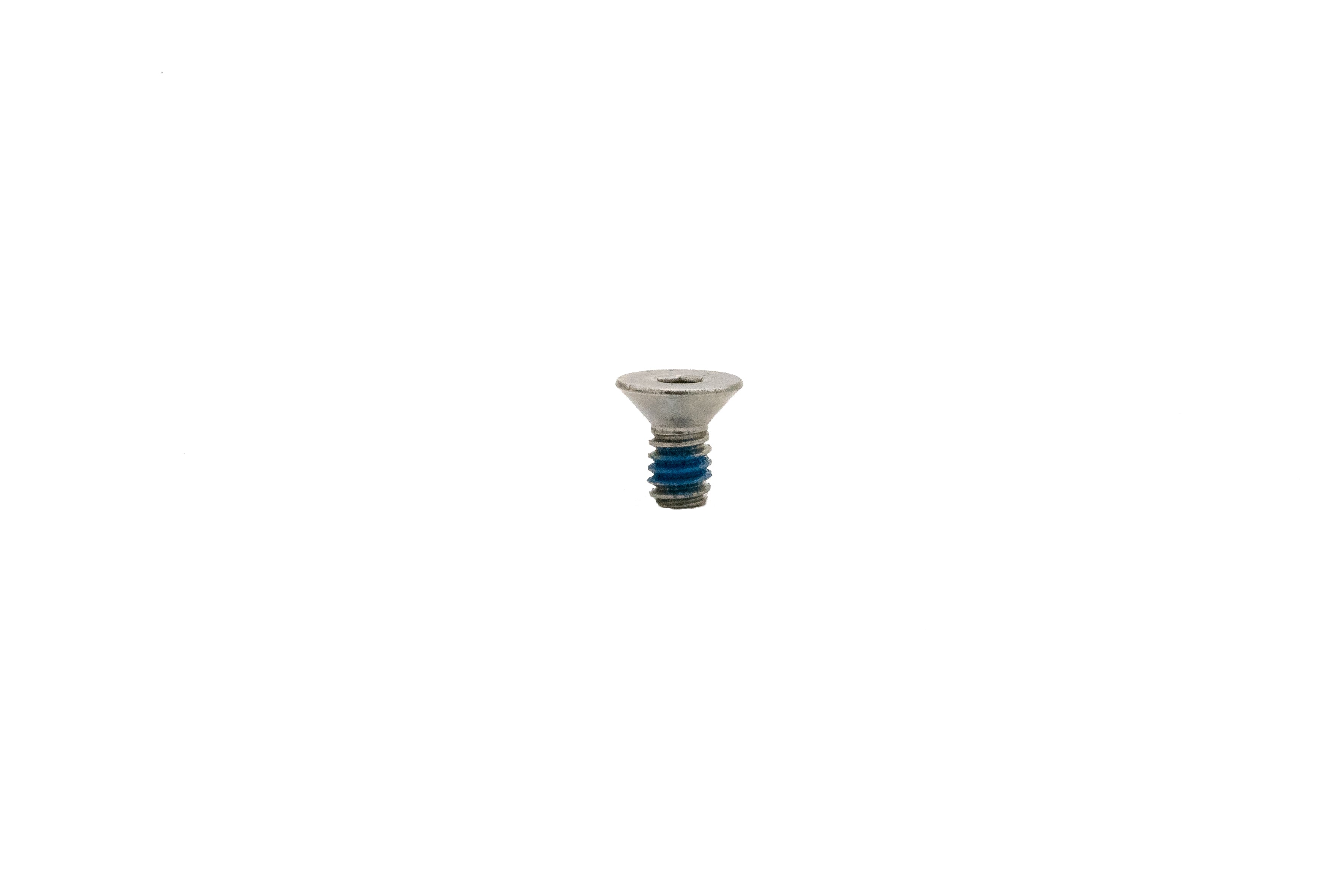 Flat head Bimini screw with taper, 1/4"-20 x 1/2" size, featuring a blue thread lock on the threaded portion.
