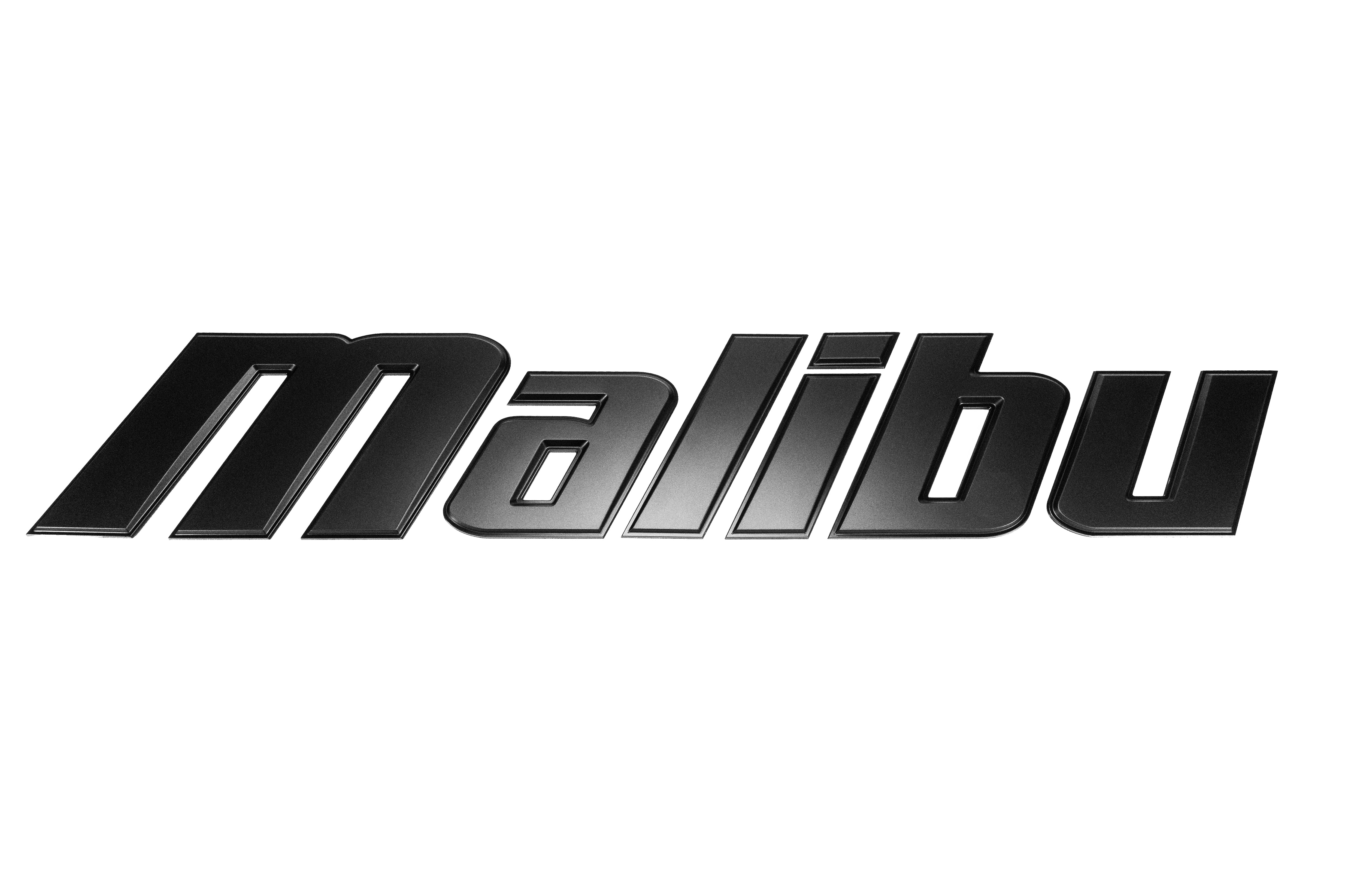 Emblem Malibu black-large logo in bold, 3D black text on a white background.