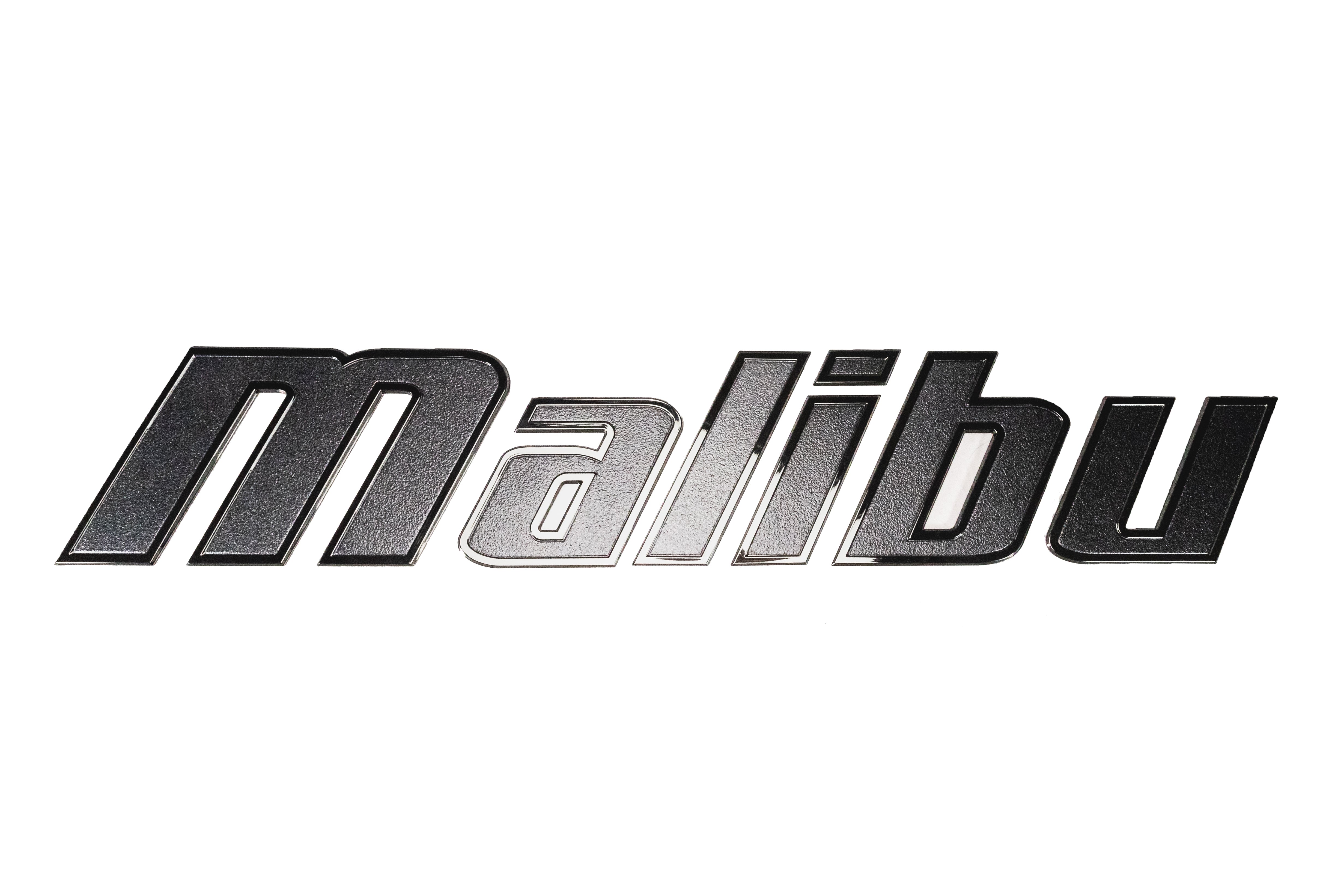 Alt text: "Charcoal gray 'Malibu' emblem with a shiny metallic finish displayed on a white background, showcasing bold and modern font styling."