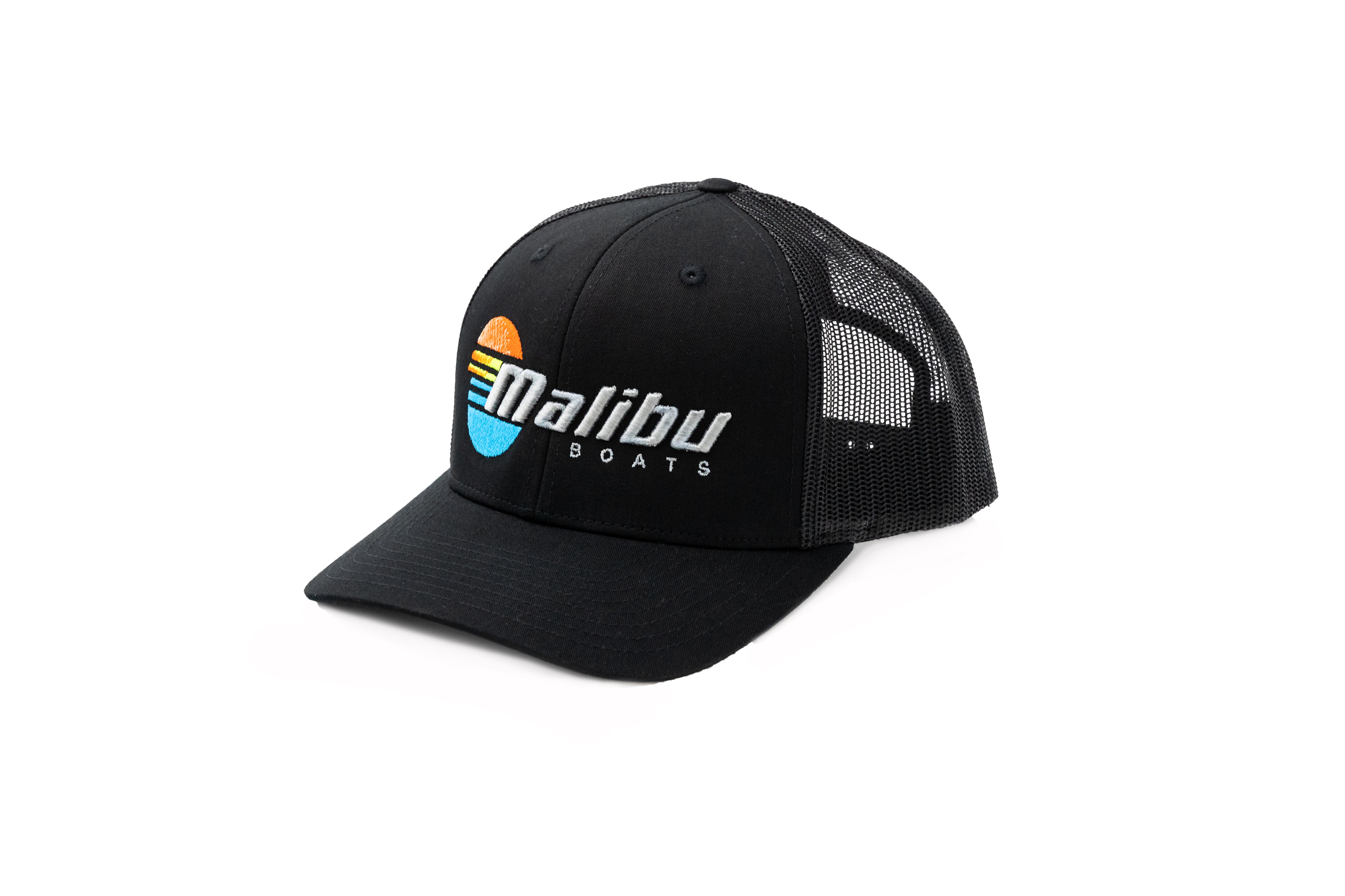 Black trucker hat with colorful "Malibu Boats" embroidered logo, mesh back panels, and curved brim.
