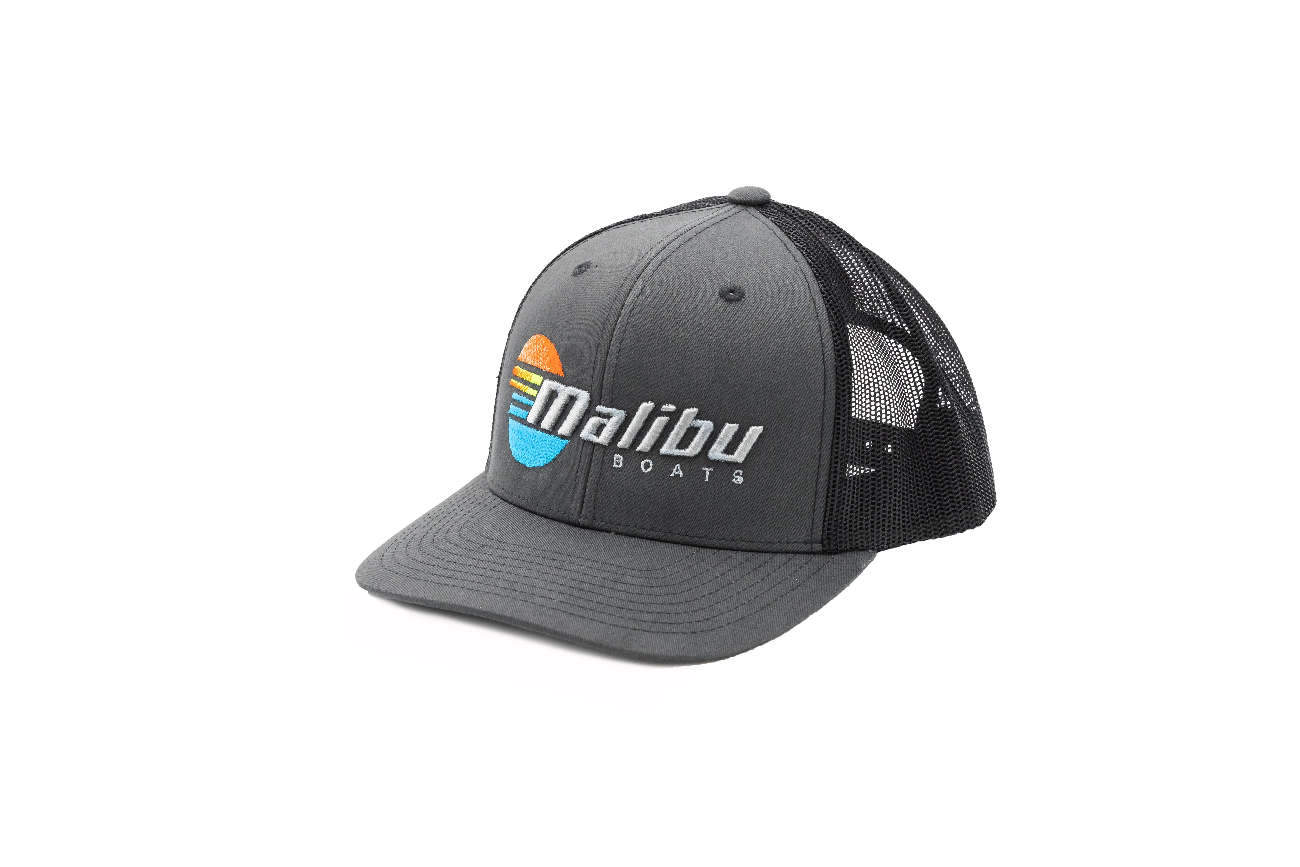 Gray trucker hat with "Malibu Boats" embroidered logo featuring a colorful sunset and ocean wave design.