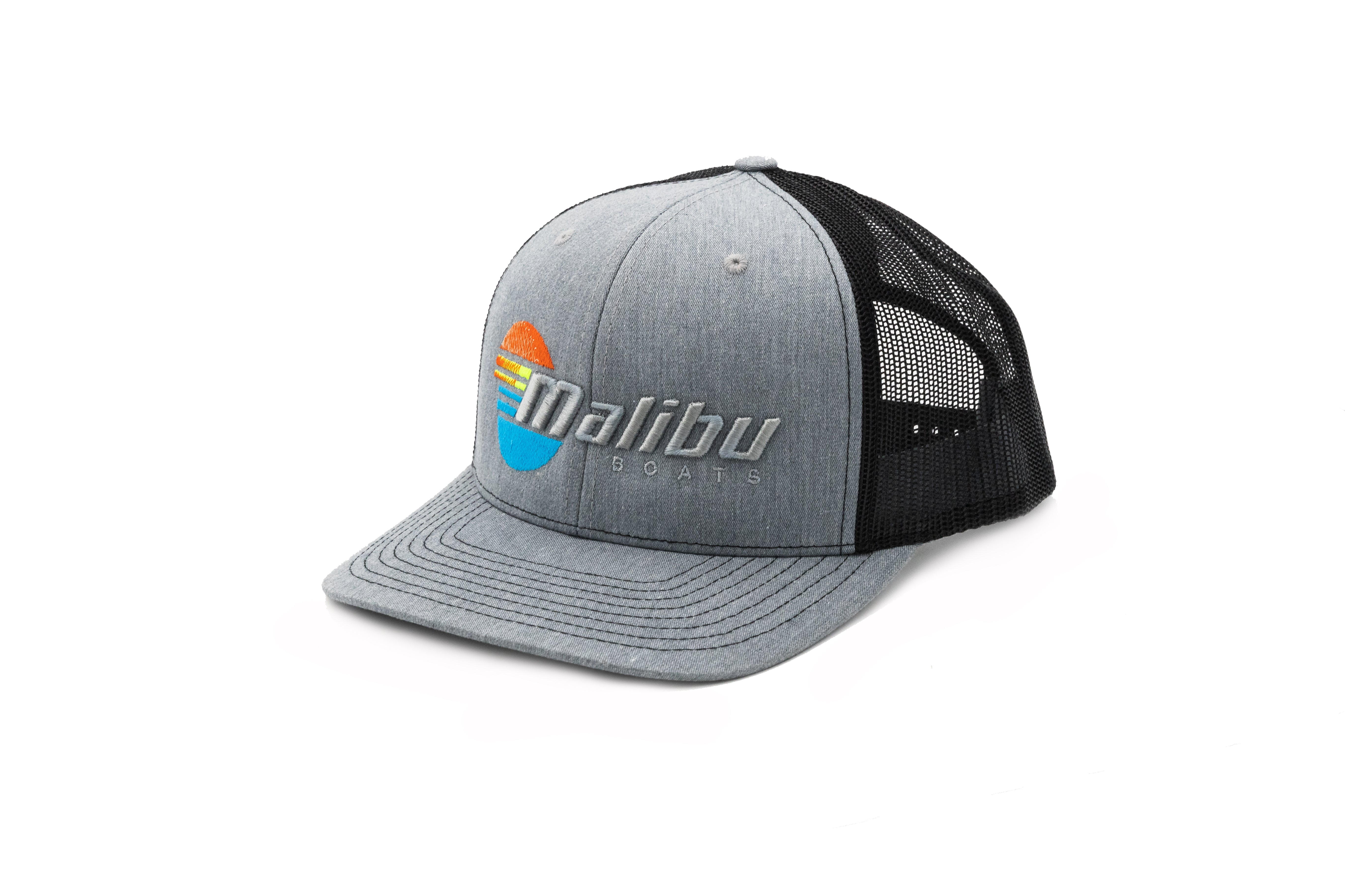 Gray Malibu trucker hat with embroidered Malibu Boats logo, black mesh back, and curved brim.