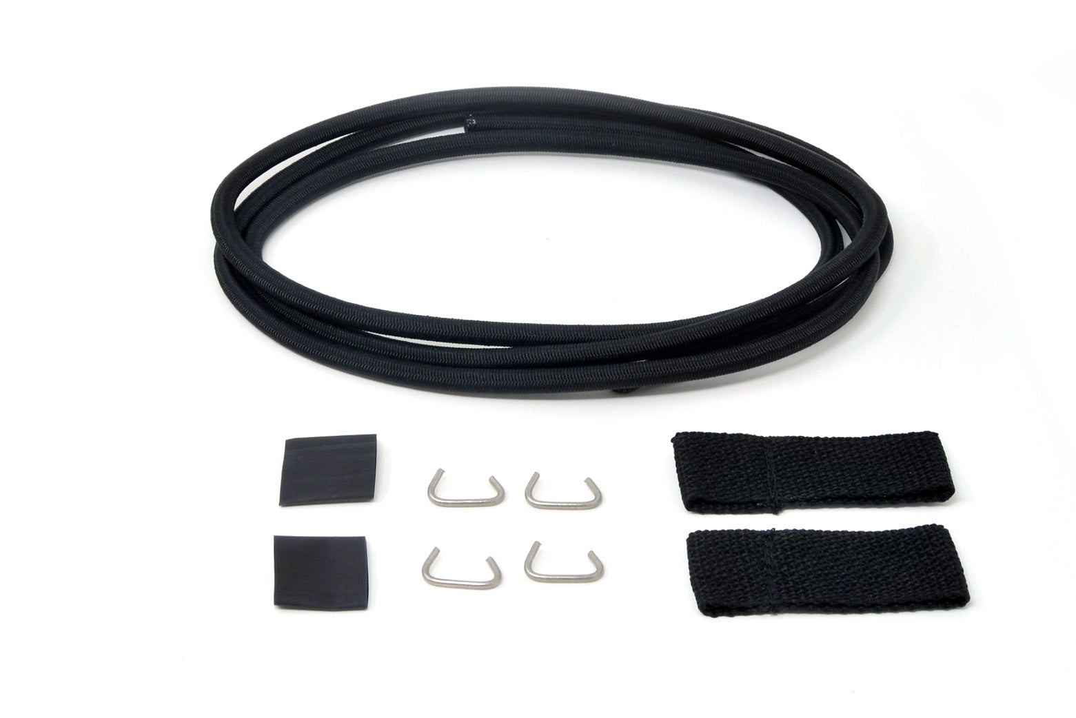 Bungee replacement kit with black bungee cords, hooks, straps, and rubber pads for Metcraft/Titan racks.