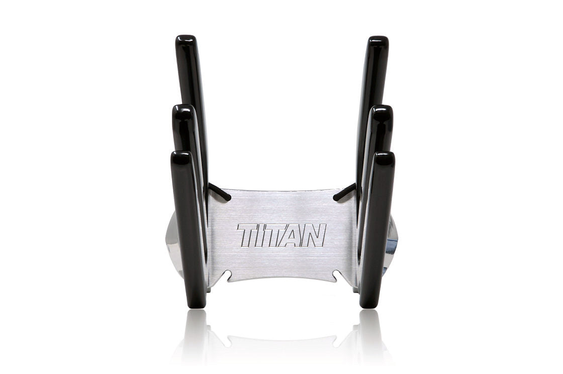 Illusion X Double Surf Board Rack with black padded supports and titanium base for secure, space-saving surfboard storage.