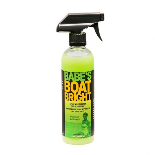 Bright green spray bottle of Babe's Boat Bright spray wax cleaner with a black trigger, designed for boat cleaning and polishing.