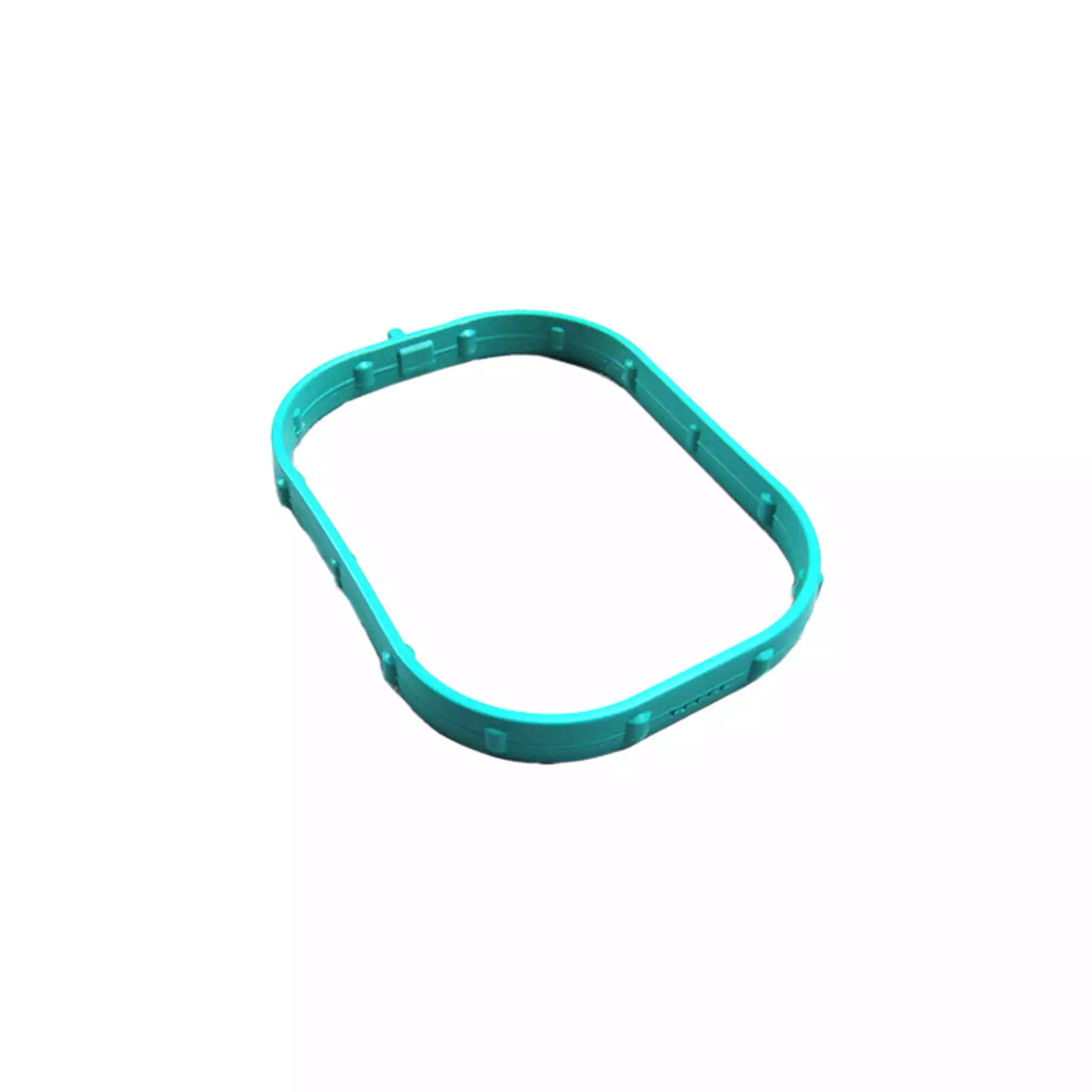 Blue intake manifold gasket with a rectangular shape and rounded edges, designed to seal engine components.
