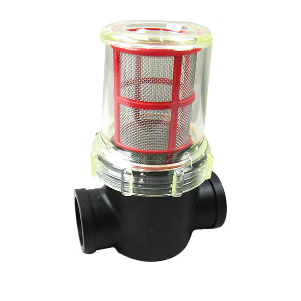 Sea strainer with 1-1/4 inch connection, featuring a clear housing and internal mesh filter for marine water filtration.