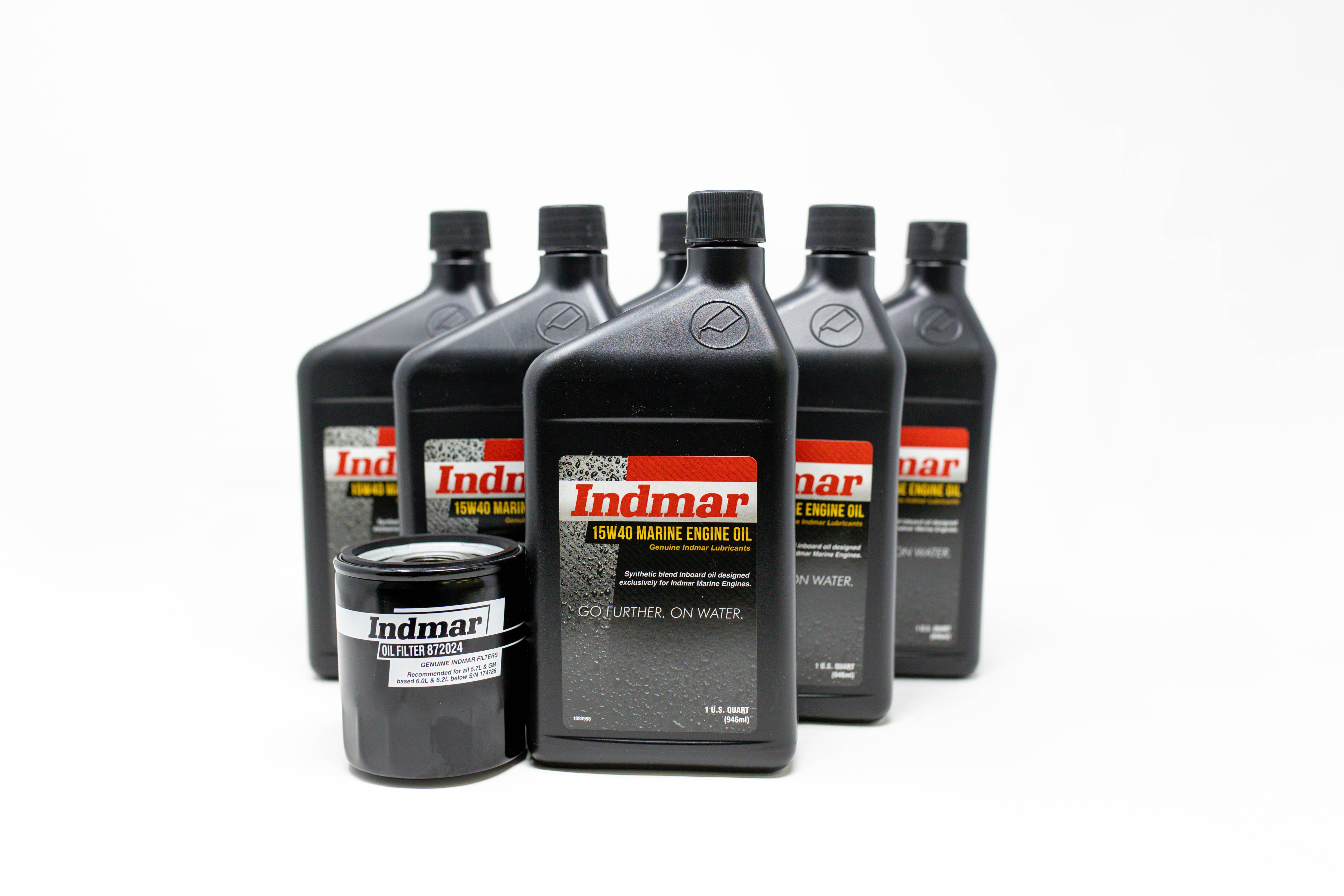 Six bottles of Indmar 15W40 Marine Engine Oil and one oil filter, arranged on a white background.
