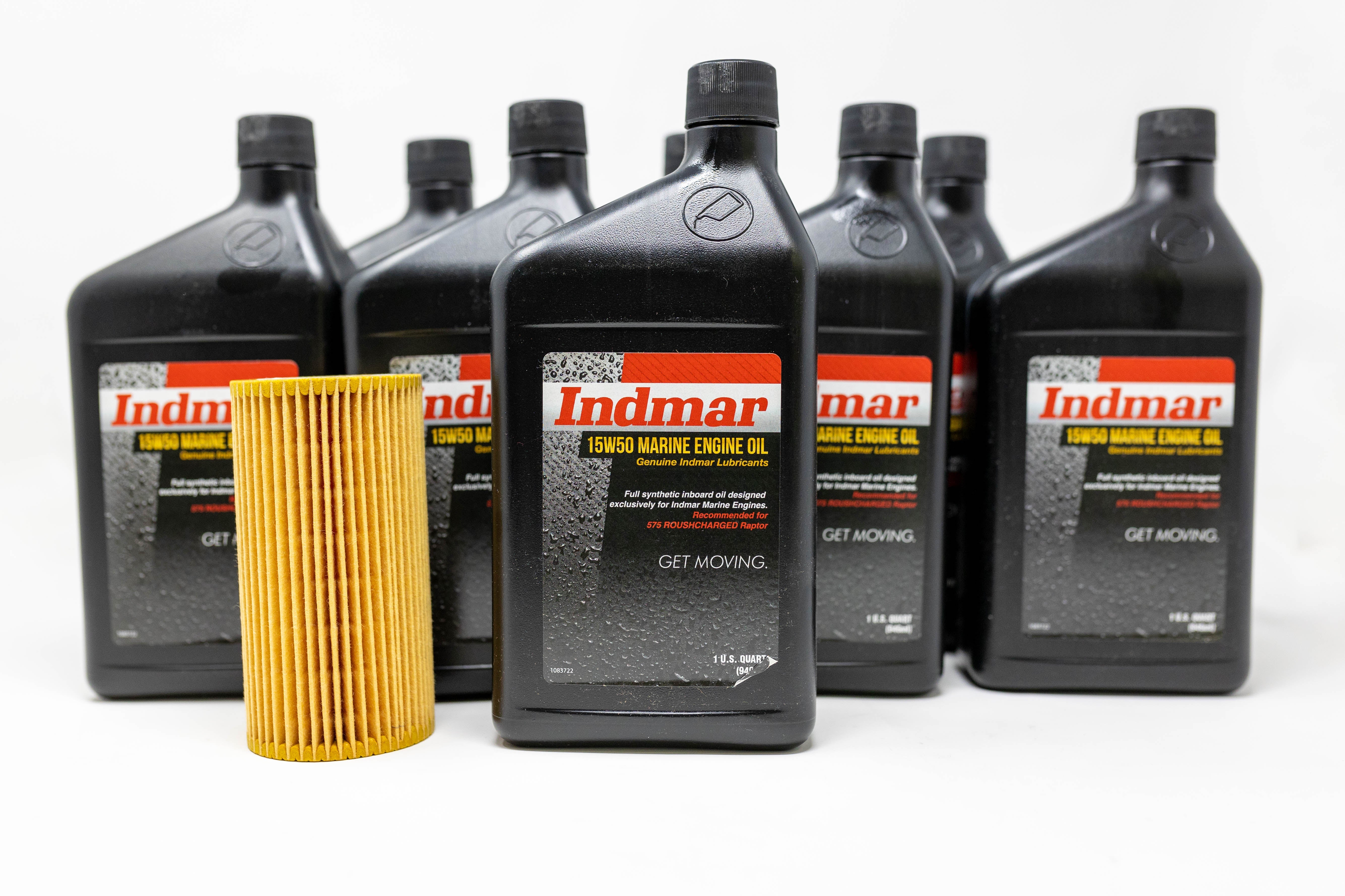 Six bottles of Indmar 15W50 marine engine oil with a yellow oil filter in front, all on a white background.