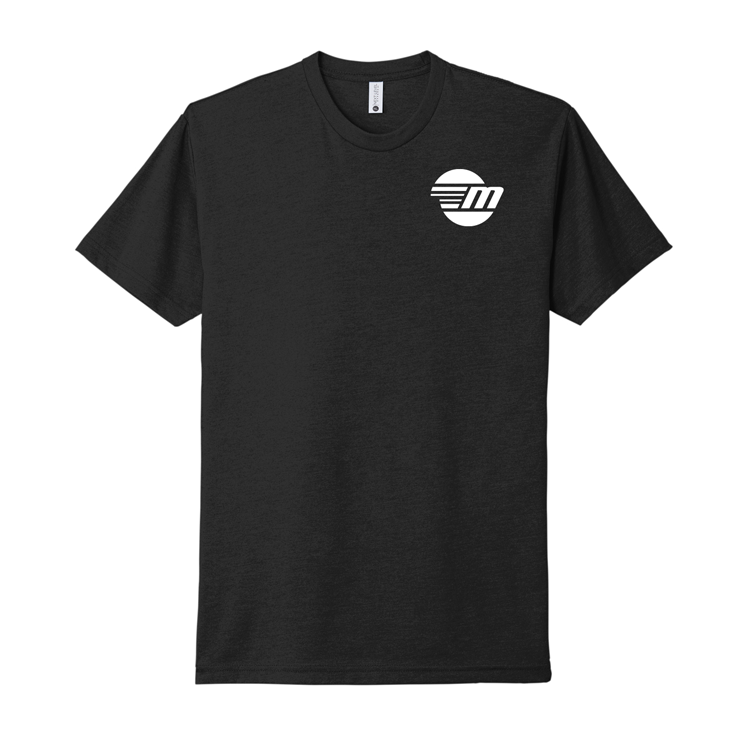 Black Malibu Monochrome Tee with a white circular logo featuring horizontal lines and stylized "M" on the chest.