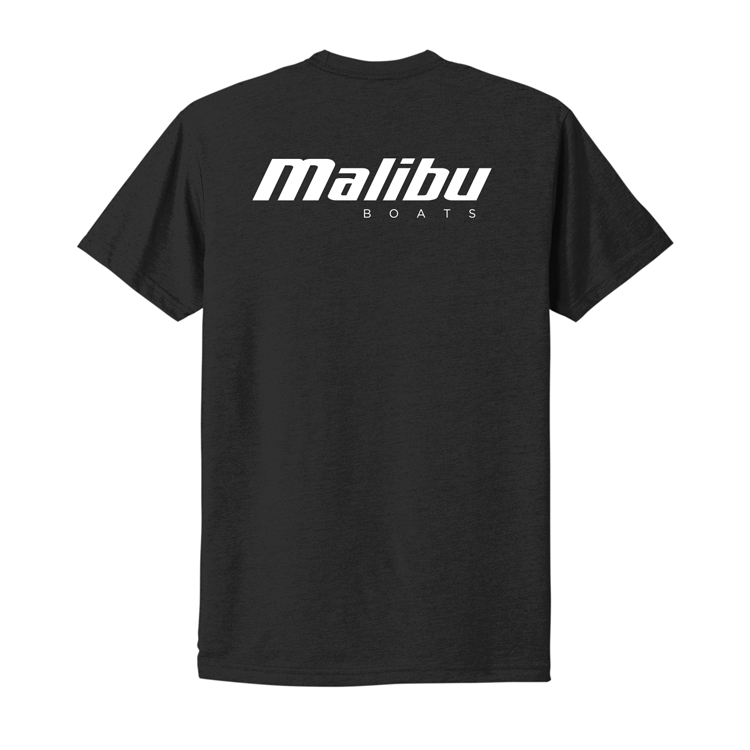 Black Malibu Monochrome T-shirt with bold white Malibu Boats logo on the back. Casual, stylish, perfect for boat lovers.