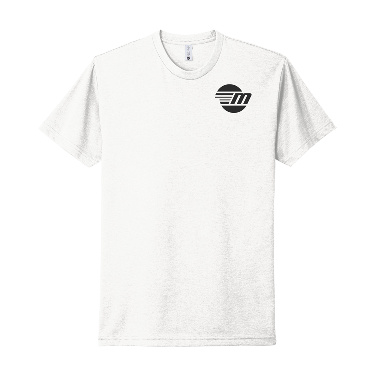 White Malibu Monochrome Tee with a black circular logo featuring horizontal lines and a stylized "M" on the chest.