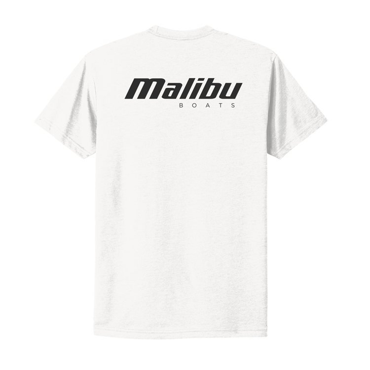 White Malibu Monochrome Tee with bold black "Malibu" logo and smaller "Boats" text on the back.