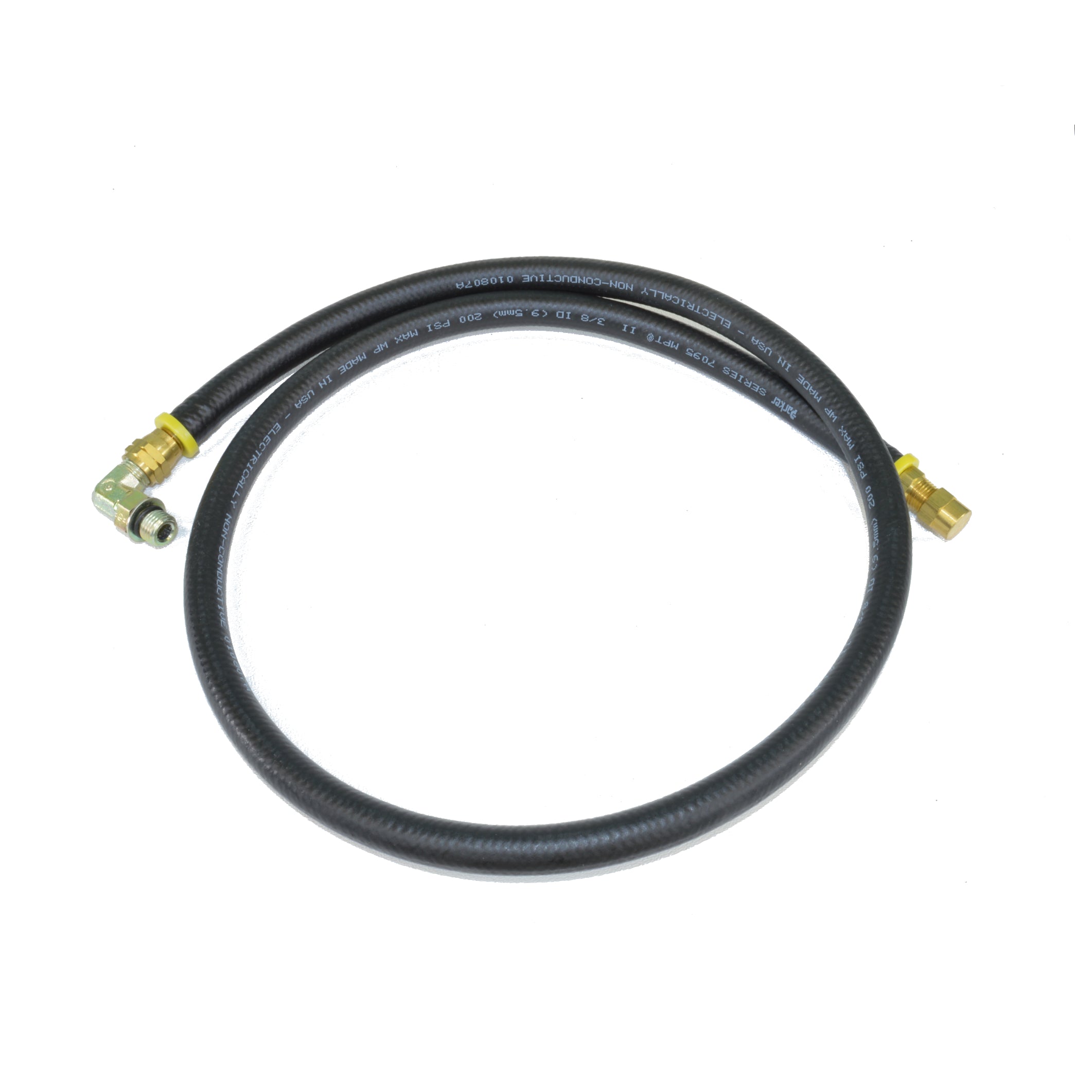 PCM Oil Drain Kit, GM-12MM, black flexible hose with brass fittings for vehicle oil change applications.