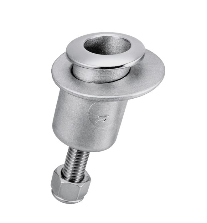 Metal receiver support pole for mesh awning, with threaded bolt for secure attachment.