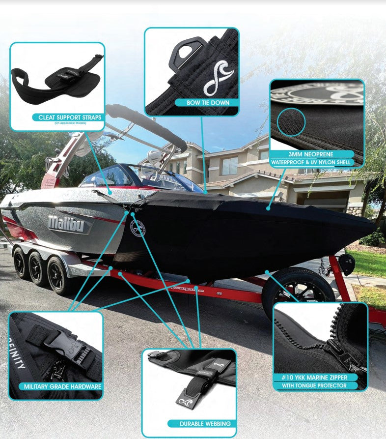 Malibu Boat Shield by SURFINITY features waterproof neoprene, military-grade hardware, durable webbing, and a #10 YKK zipper with tongue protector.