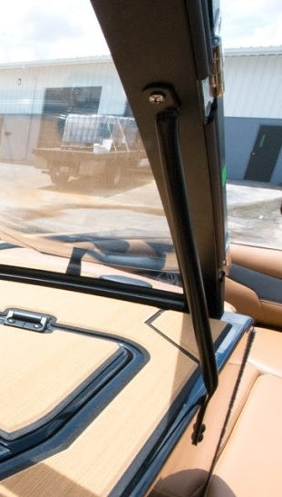 Close-up of Axis Port Windshield Support for 18-22' boats, mounted inside the windshield for stability and support.