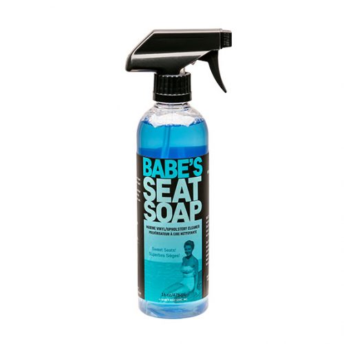Bottle of Babe's Seat Soap with a spray nozzle, blue liquid soap for cleaning, labeled with product name and design.