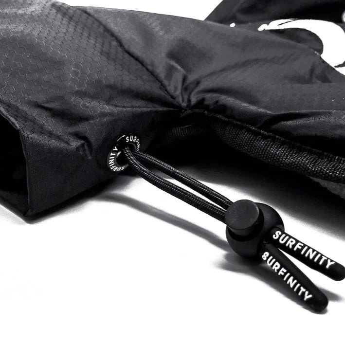 Heated boat blanket by Surfinity with adjustable drawstrings, black fabric, and a control cord for warmth on the water.